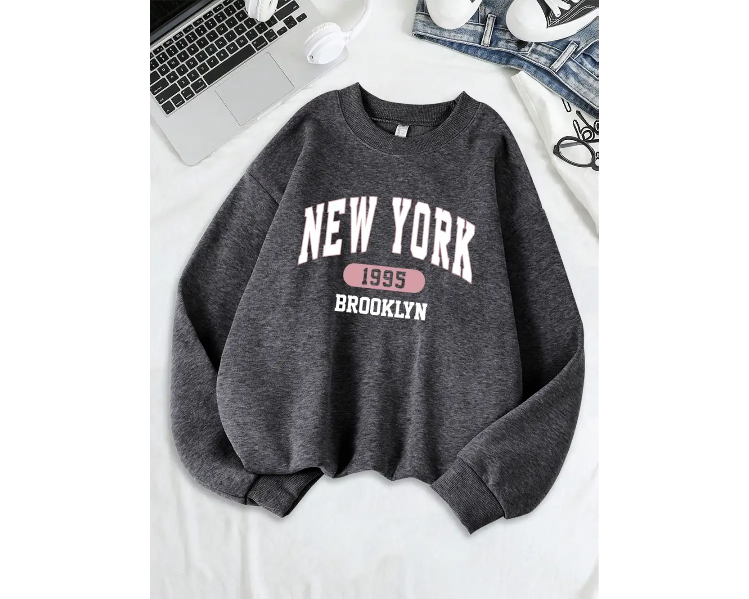 New York Brooklyn 1955 Baskılar Tişörtü Kadın Bisiklet Yaka Rahat Kapüşonlular Gevşek Polar S