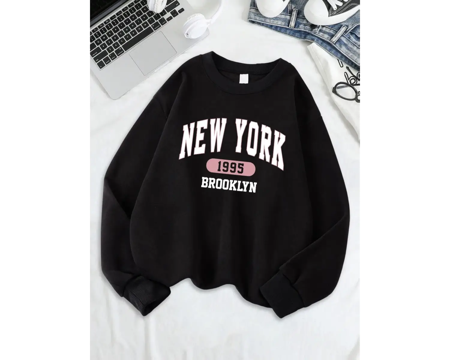 New York Brooklyn 1955 Baskılar Tişörtü Kadın Bisiklet Yaka Rahat Kapüşonlular Gevşek Polar S