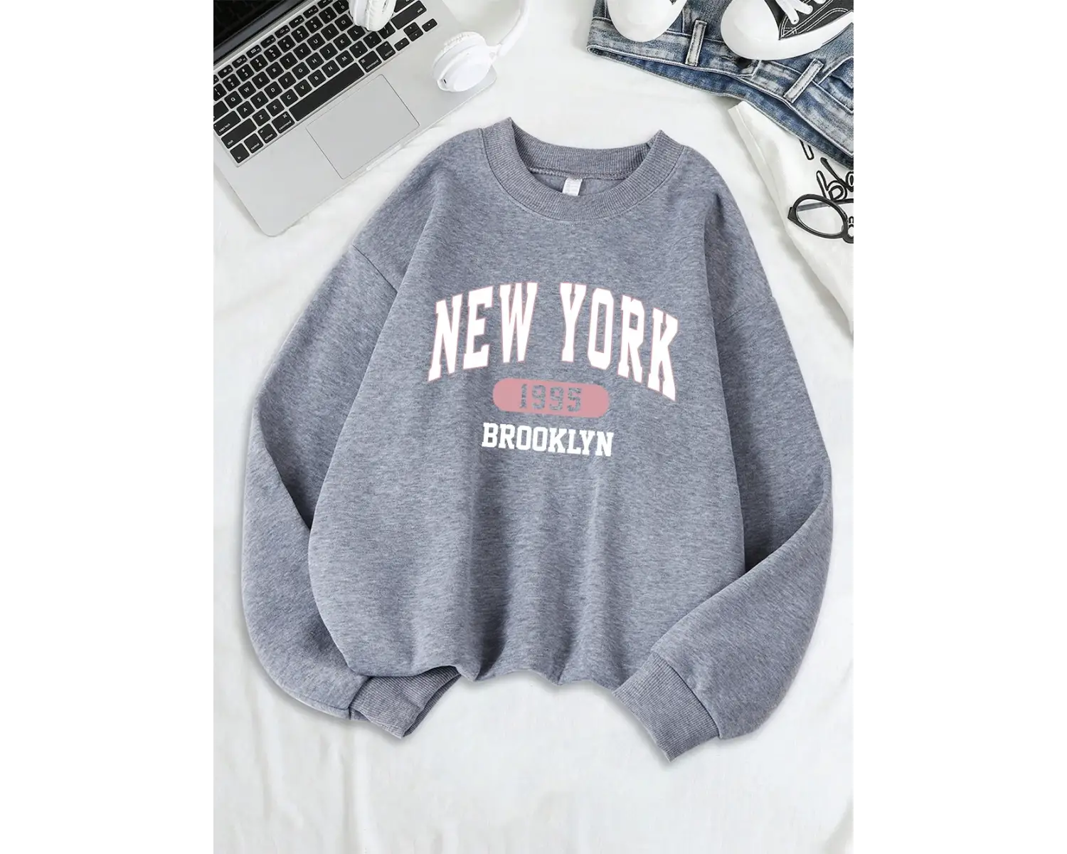 New York Brooklyn 1955 Baskılar Tişörtü Kadın Bisiklet Yaka Rahat Kapüşonlular Gevşek Polar S