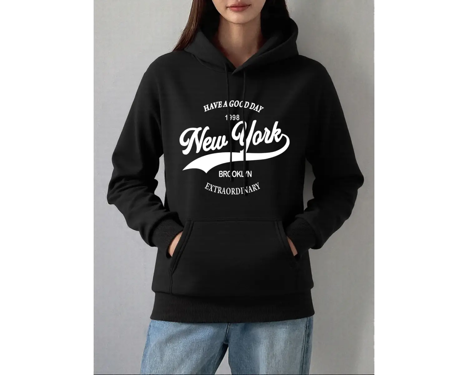 New York Brooklyn Mektup Baskı Kapüşonlular Kadınlar Rahat Cep Kazaklar Kış Polar Sıcak Tişör