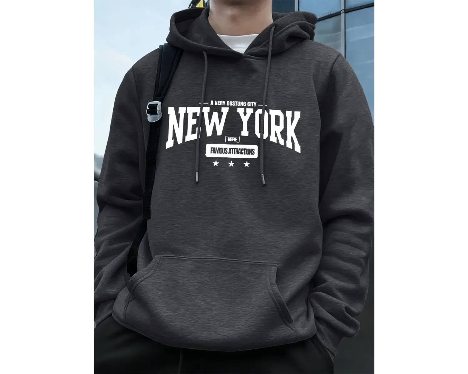 New York Bustling City Baskılı Erkek Tişörtü Kışlık Oversize Kapüşonlu Üst Spor Cepli Polar S