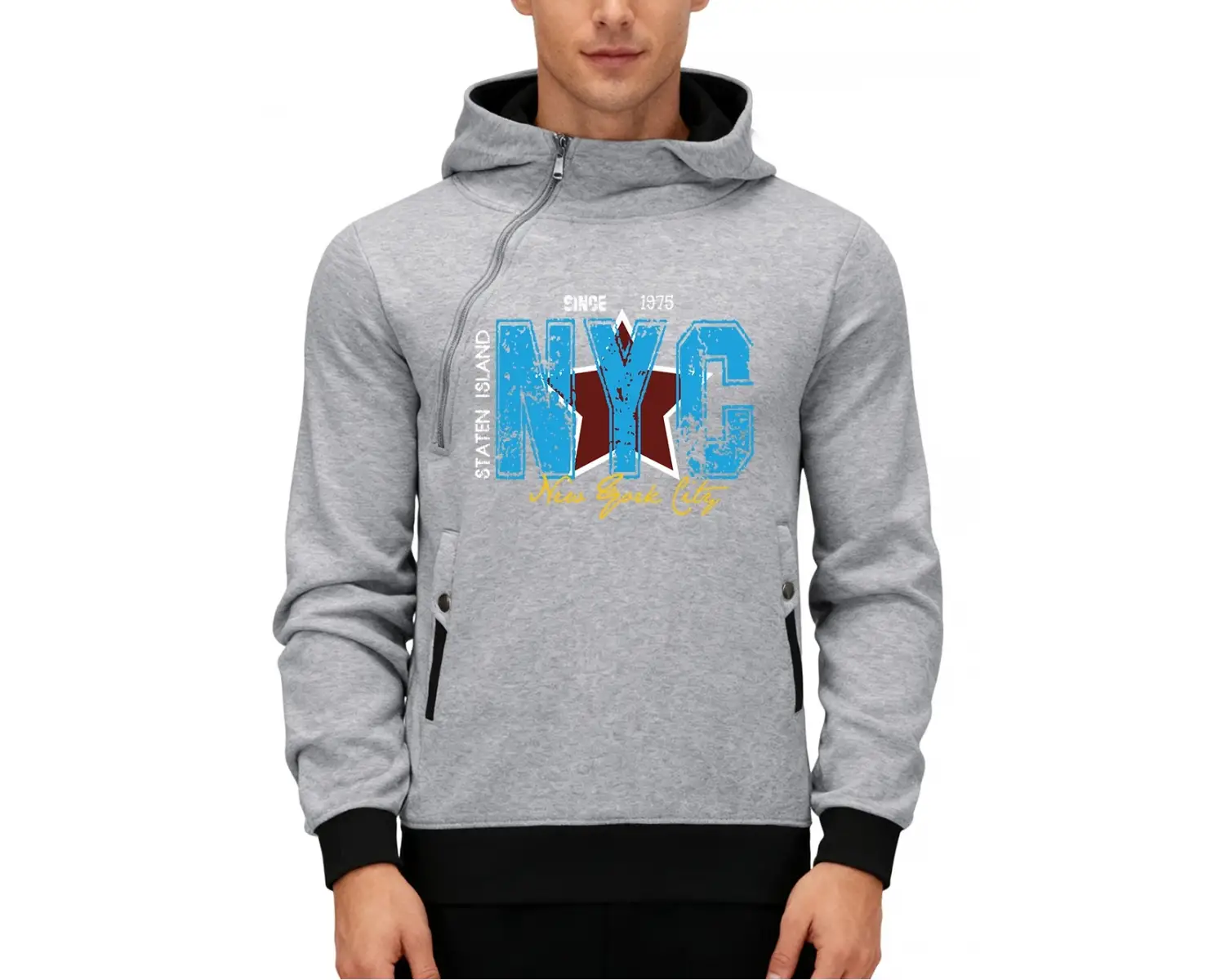 New York City Staten Island Baskı Erkek Çapraz Fermuarlı Kapüşonlu Üst Kışlık Polar Sıcak Kaz