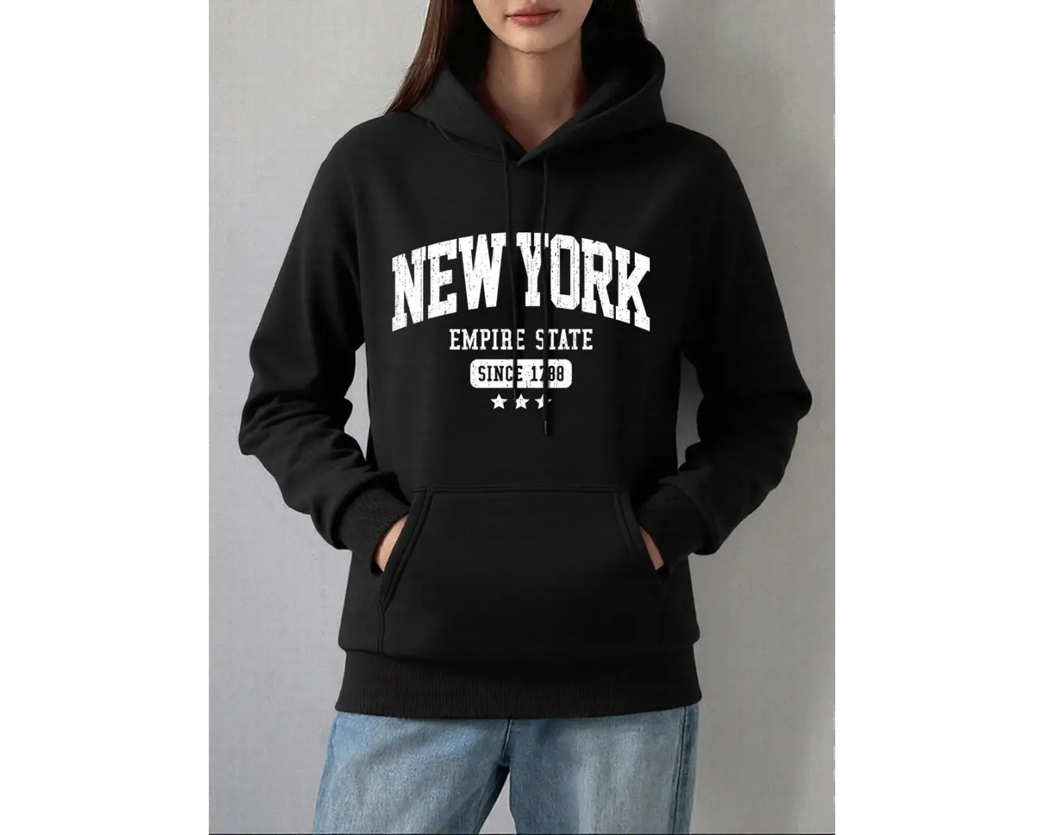 New York Empire State 1788den beri Baskı Kapüşonlular Kadın Kış Polar Tişörtü Temelleri Cep