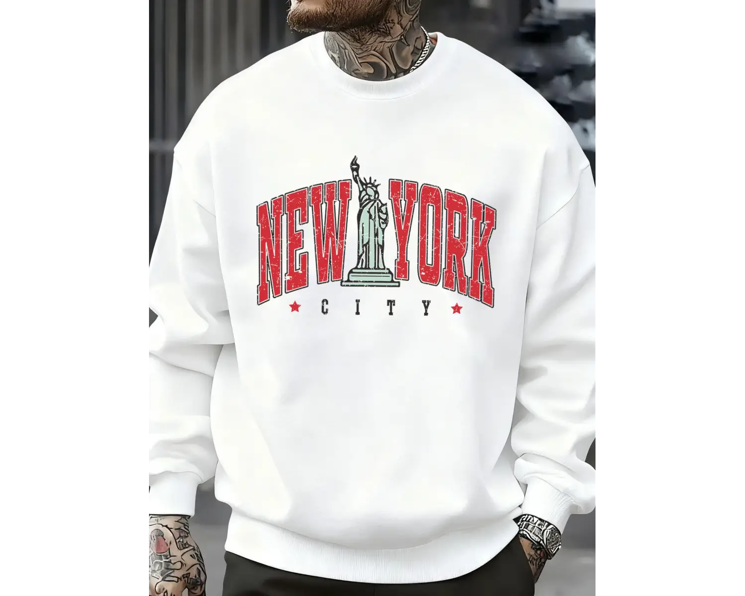 New Yorku Temsil Eden Heykel Baskılı Erkek Kazak Vintage Bol Giysiler Sokak Günlük Giyim Kaz