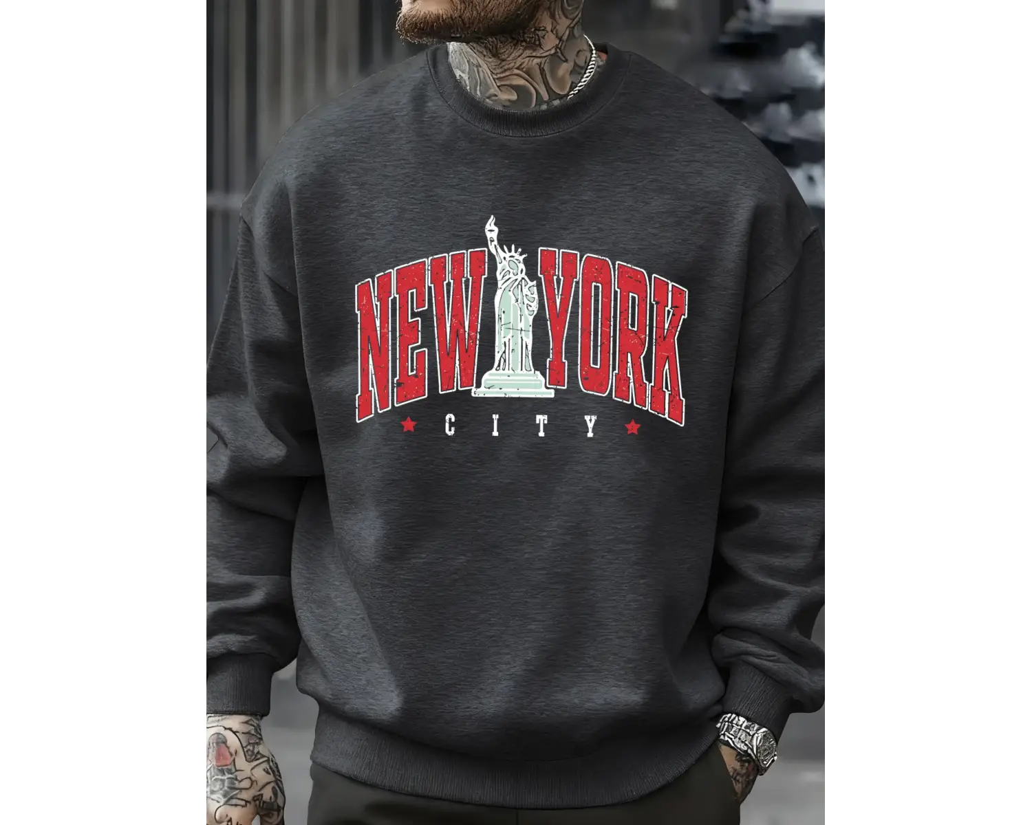 New Yorku Temsil Eden Heykel Baskılı Erkek Kazak Vintage Bol Giysiler Sokak Günlük Giyim Kaz