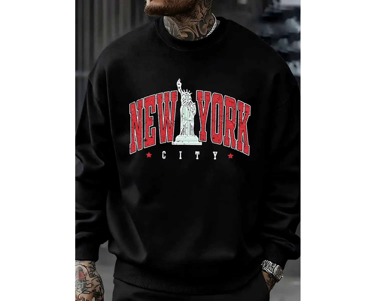 New Yorku Temsil Eden Heykel Baskılı Erkek Kazak Vintage Bol Giysiler Sokak Günlük Giyim Kaz