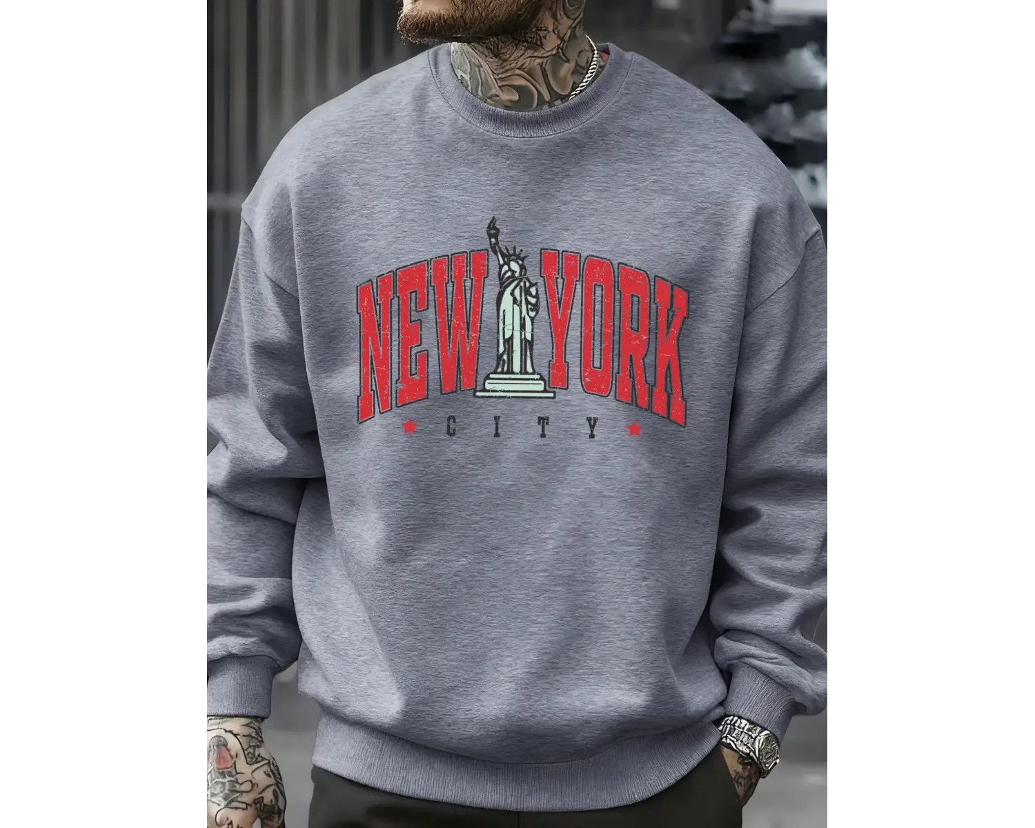 New Yorku Temsil Eden Heykel Baskılı Erkek Kazak Vintage Bol Giysiler Sokak Günlük Giyim Kaz