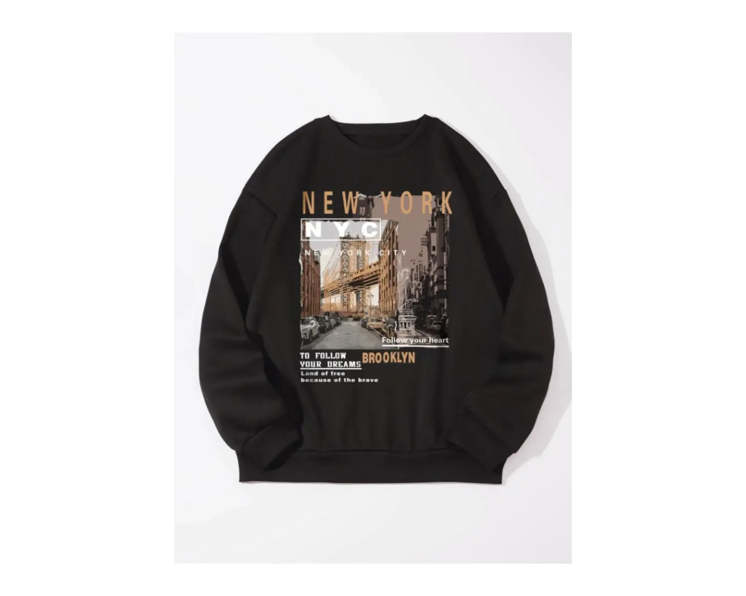 Newyork NYC Renkli Oversize Bisiklet Yaka Pamuklu Sweatshirt Siyah