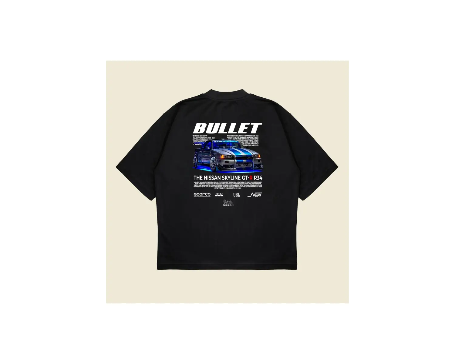 Nissan Bullet Hızlı Ve Öfkeli Baskılı Oversize Unisex Pamuklu Nefes Alan Kalın Kum