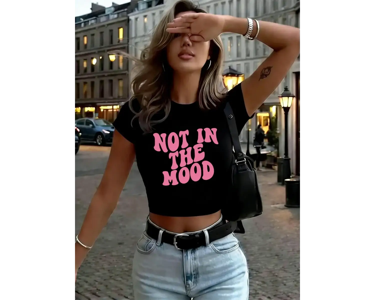 Not In The Mood Baskılı Kadın Babby TeeTişörtleri Yazlık Yüksek Esnek O-Yaka Üstler Seksi Dar Kes