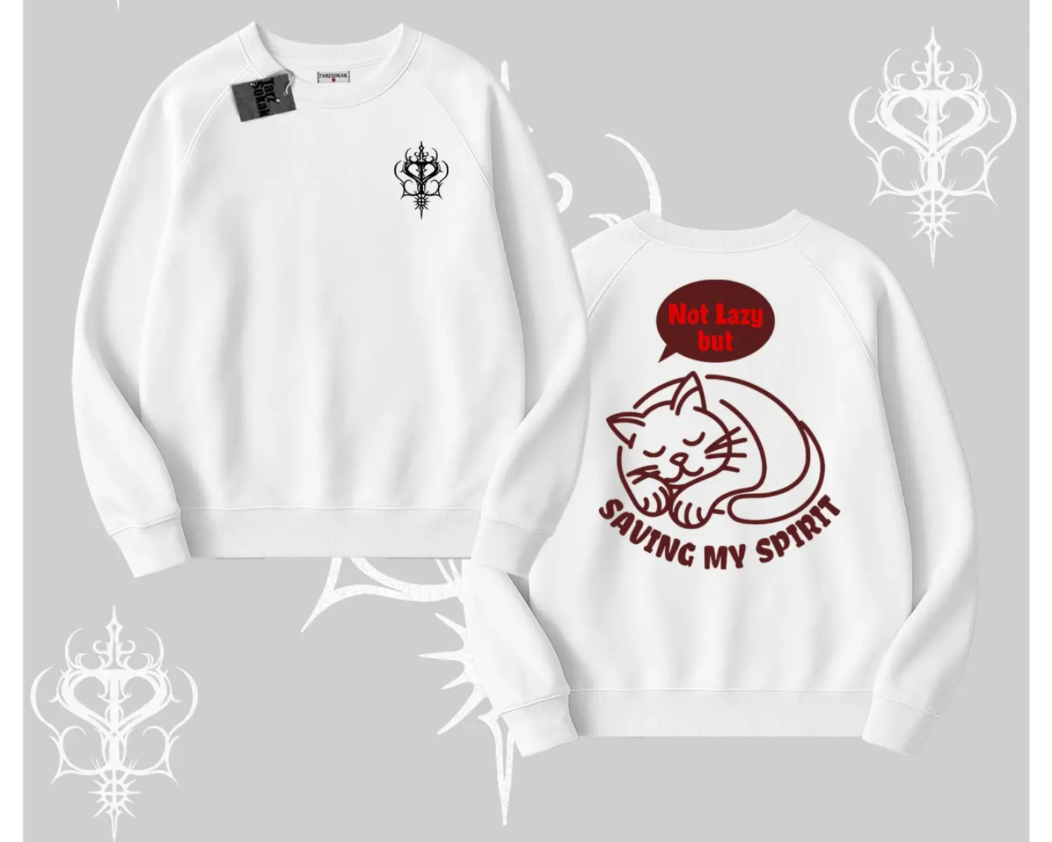 Not Lazy Saving My Spirit Kedi Baskılı Biskilet Sweatshirt