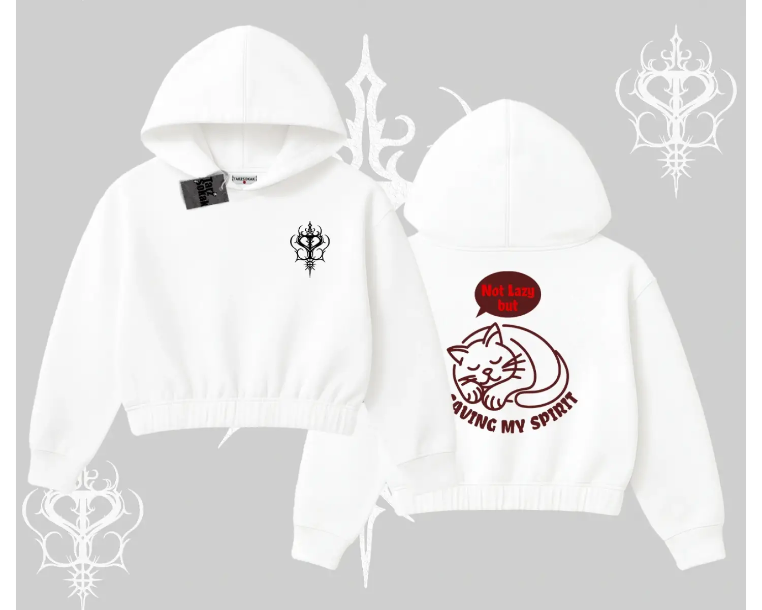 Not Lazy Saving My Spirit Kedi Baskılı Kapşonlu Crop Sweatshirt