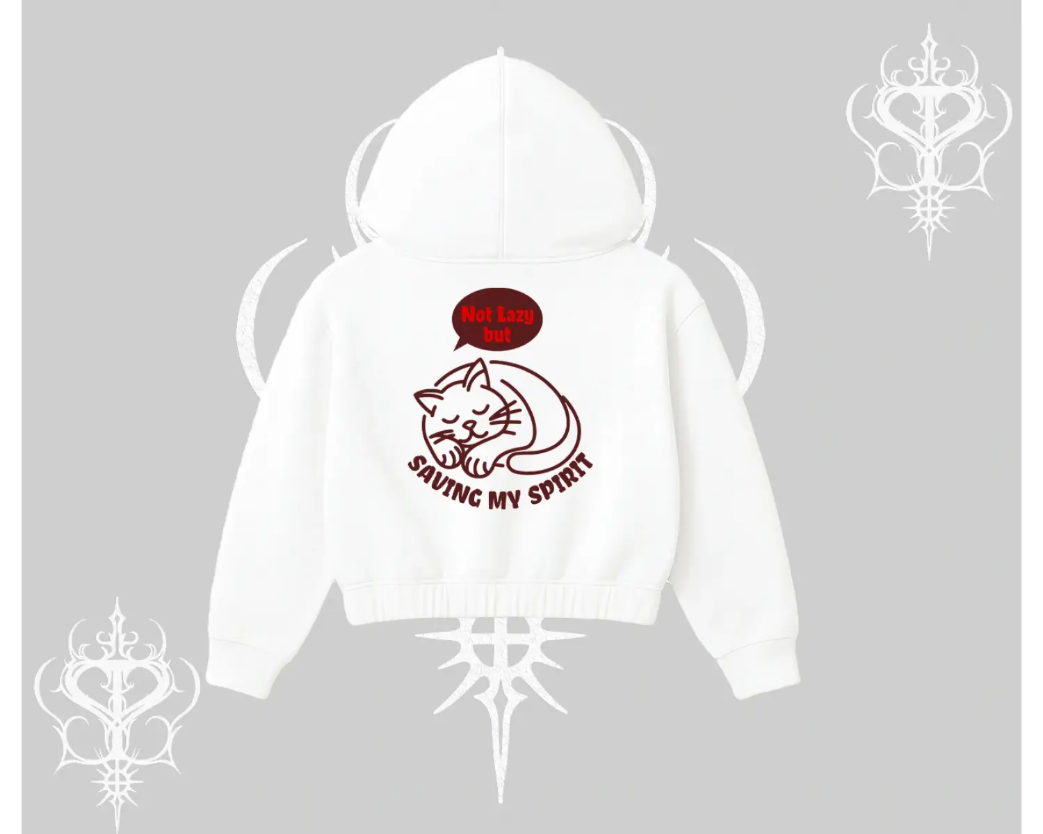 Not Lazy Saving My Spirit Kedi Baskılı Kapşonlu Crop Sweatshirt