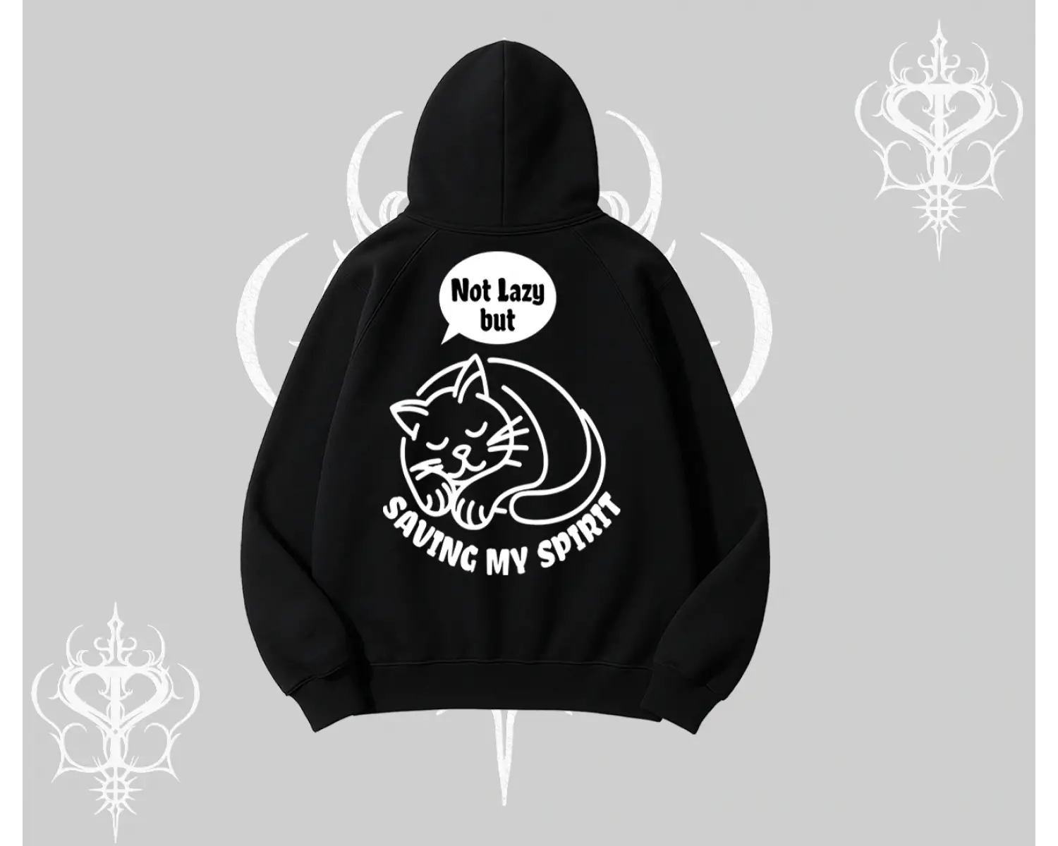 Not Lazy Saving My Spirit Kedi Baskılı Kapşonlu Sweatshirt