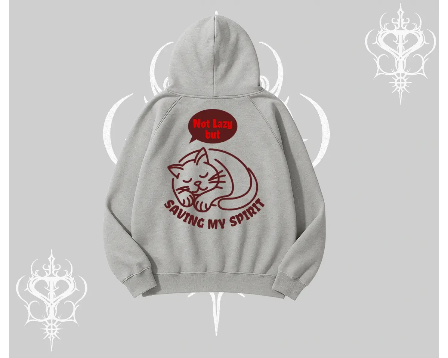 Not Lazy Saving My Spirit Kedi Baskılı Kapşonlu Sweatshirt