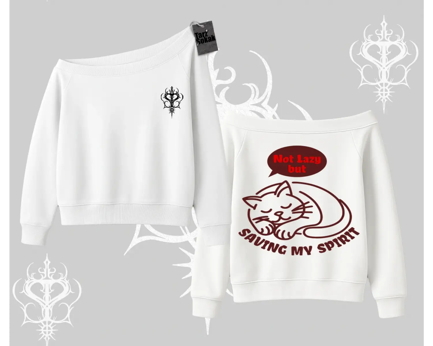 Not Lazy Saving My Spirit Kedi Baskılı Kayık Yaka Sweatshirt