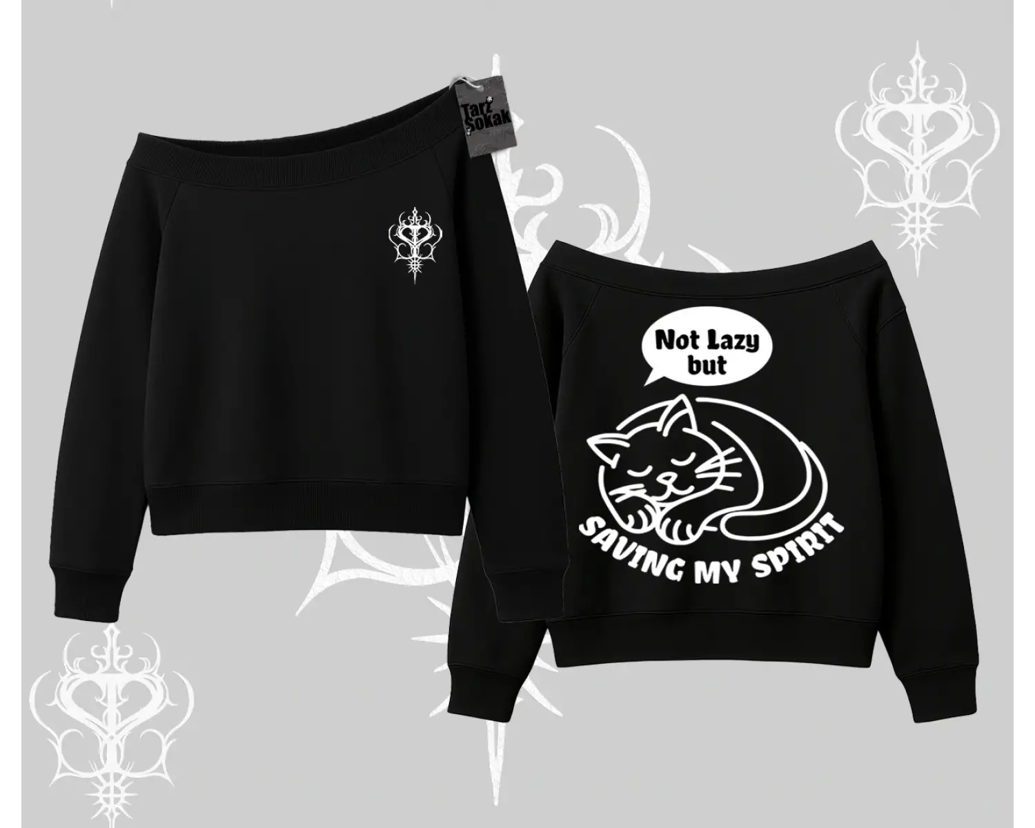 Not Lazy Saving My Spirit Kedi Baskılı Kayık Yaka Sweatshirt