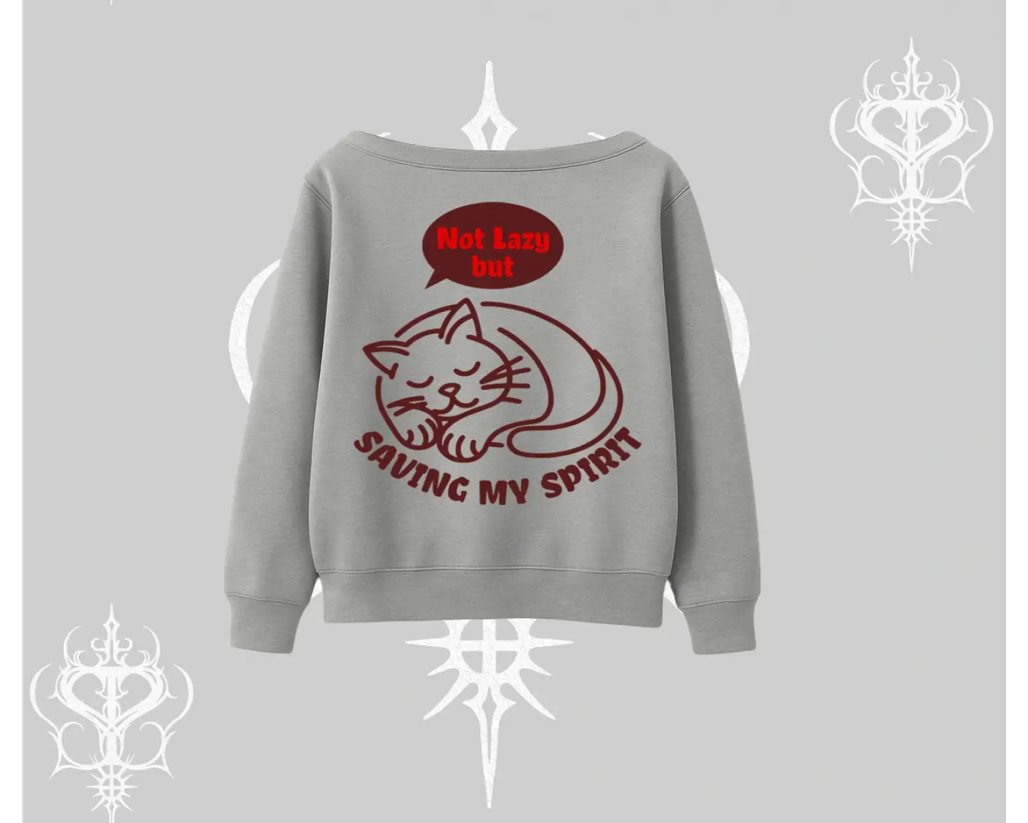 Not Lazy Saving My Spirit Kedi Baskılı Kayık Yaka Sweatshirt