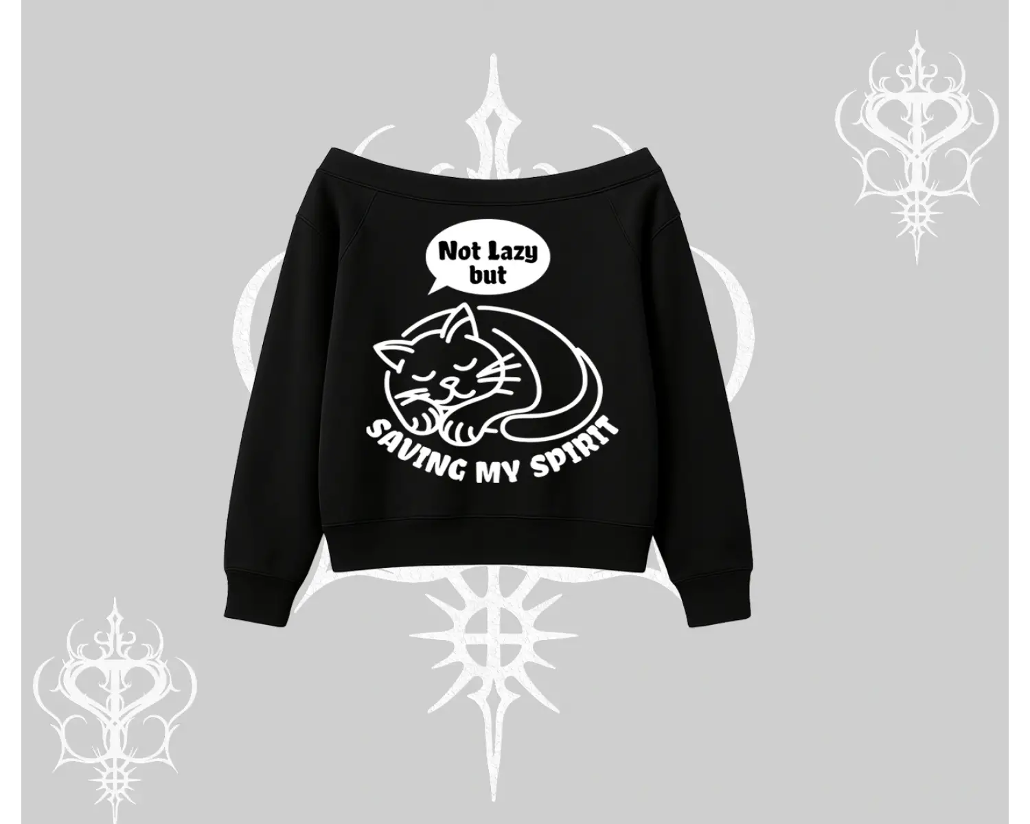 Not Lazy Saving My Spirit Kedi Baskılı Kayık Yaka Sweatshirt