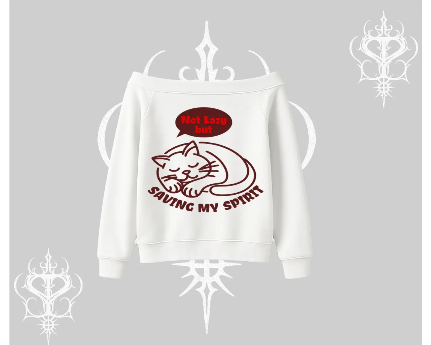 Not Lazy Saving My Spirit Kedi Baskılı Kayık Yaka Sweatshirt