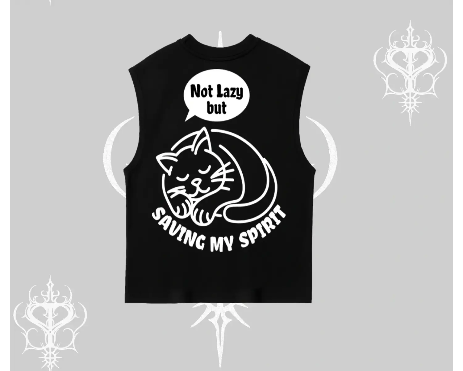 Not Lazy Saving My Spirit Kedi Baskılı Kolsuz Tshirt