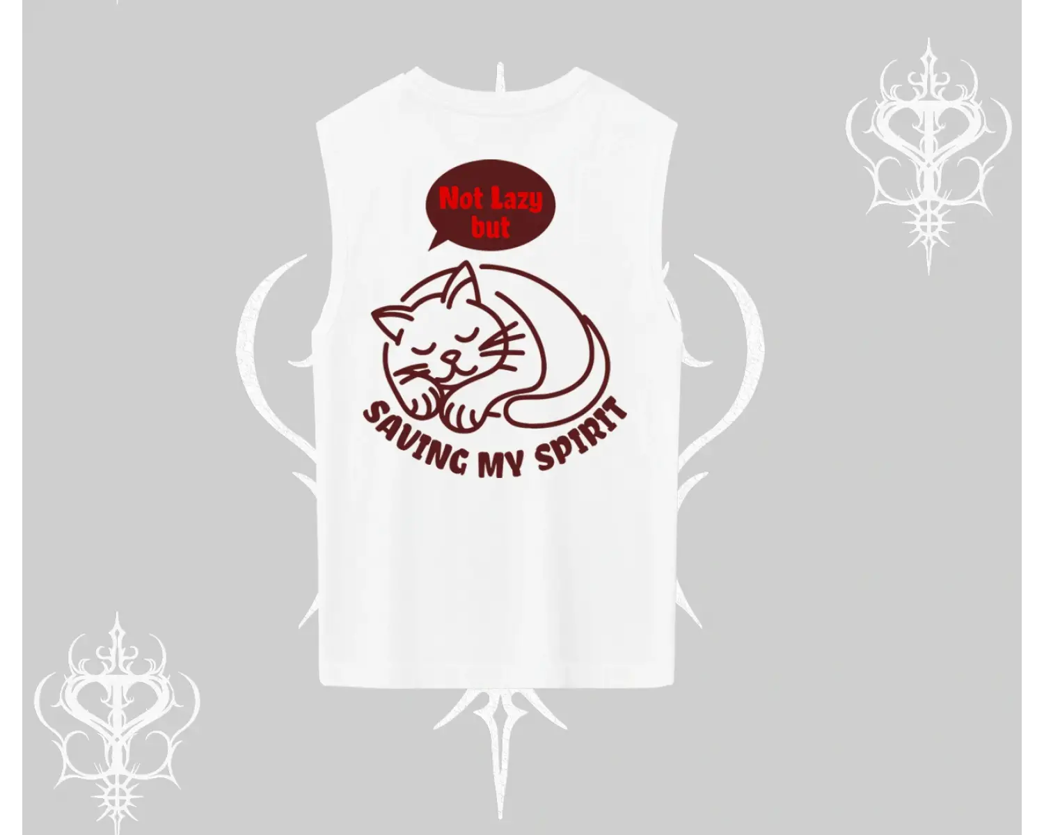 Not Lazy Saving My Spirit Kedi Baskılı Kolsuz Tshirt