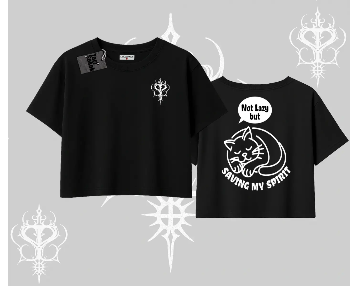 Not Lazy Saving My Spirit Kedi Baskılı Oversize Crop Tshirt