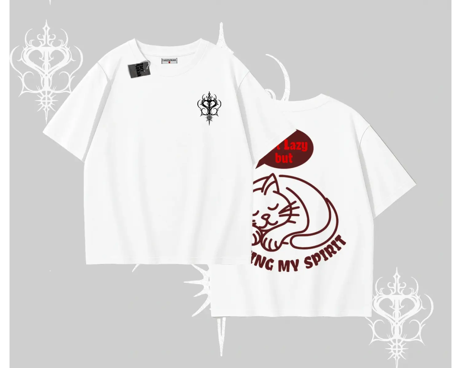 Not Lazy Saving My Spirit Kedi Baskılı Oversize Tshirt