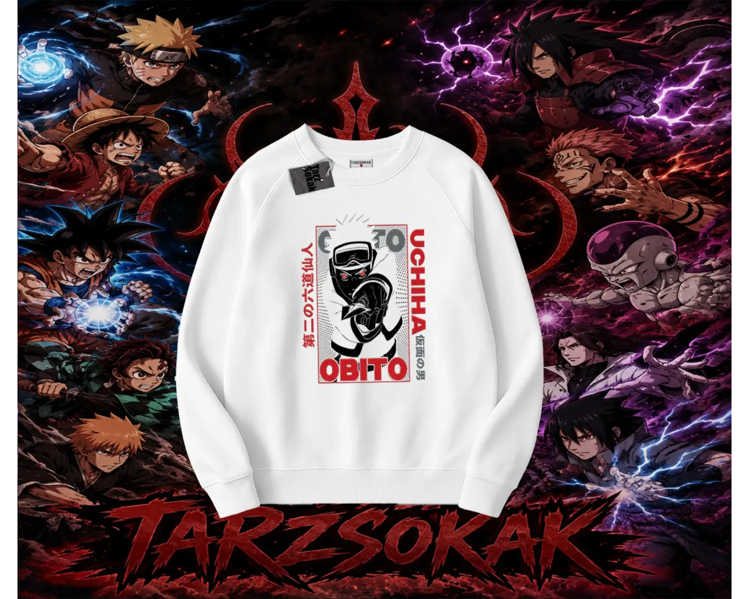 Obito uchiha Naruto Anime Karakteri Oversize Unisex Bisiklet Yaka Sweatshirt Beyaz