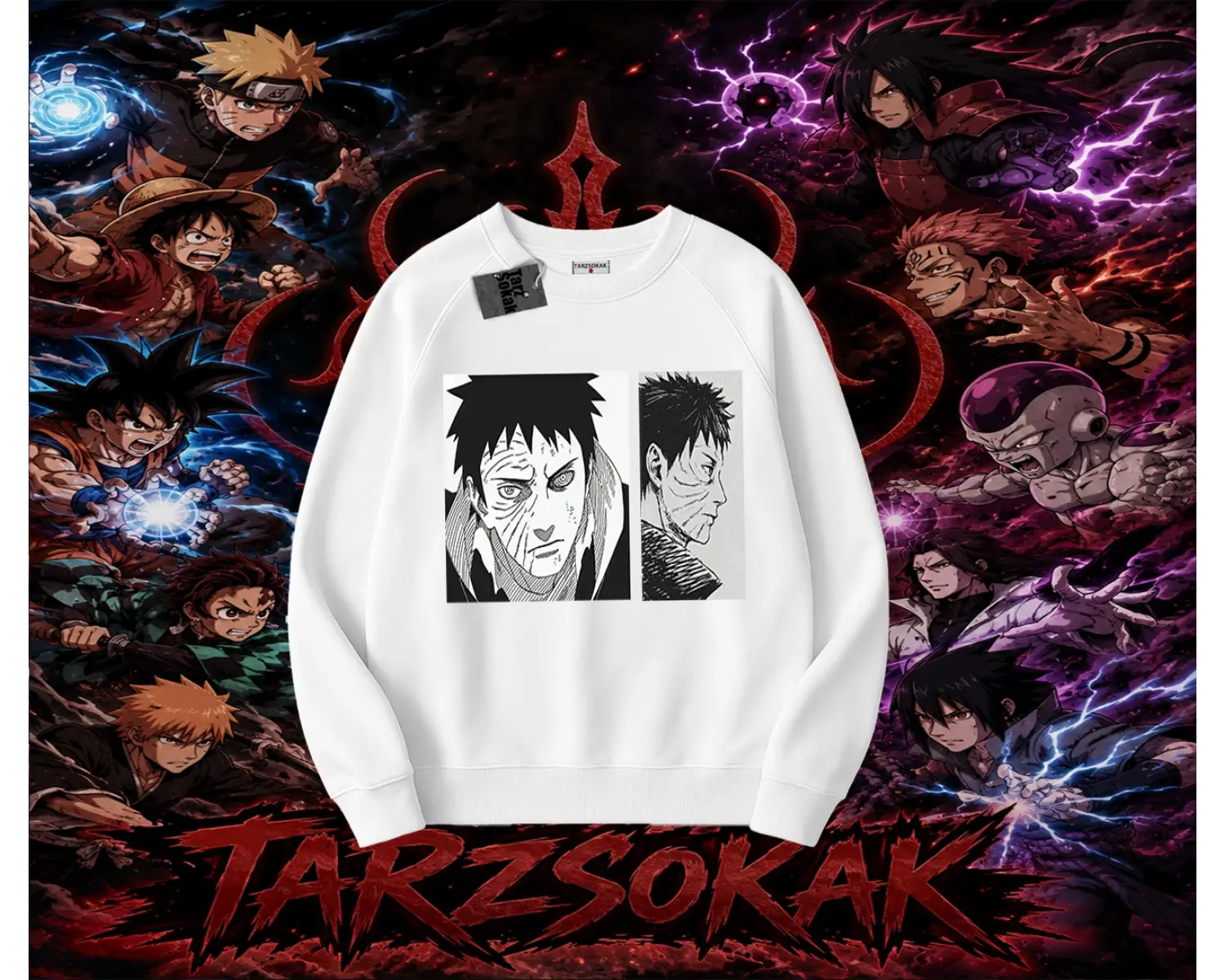Obito uchiha Naruto Anime Karakteri Oversize Unisex Bisiklet Yaka Sweatshirt Beyaz