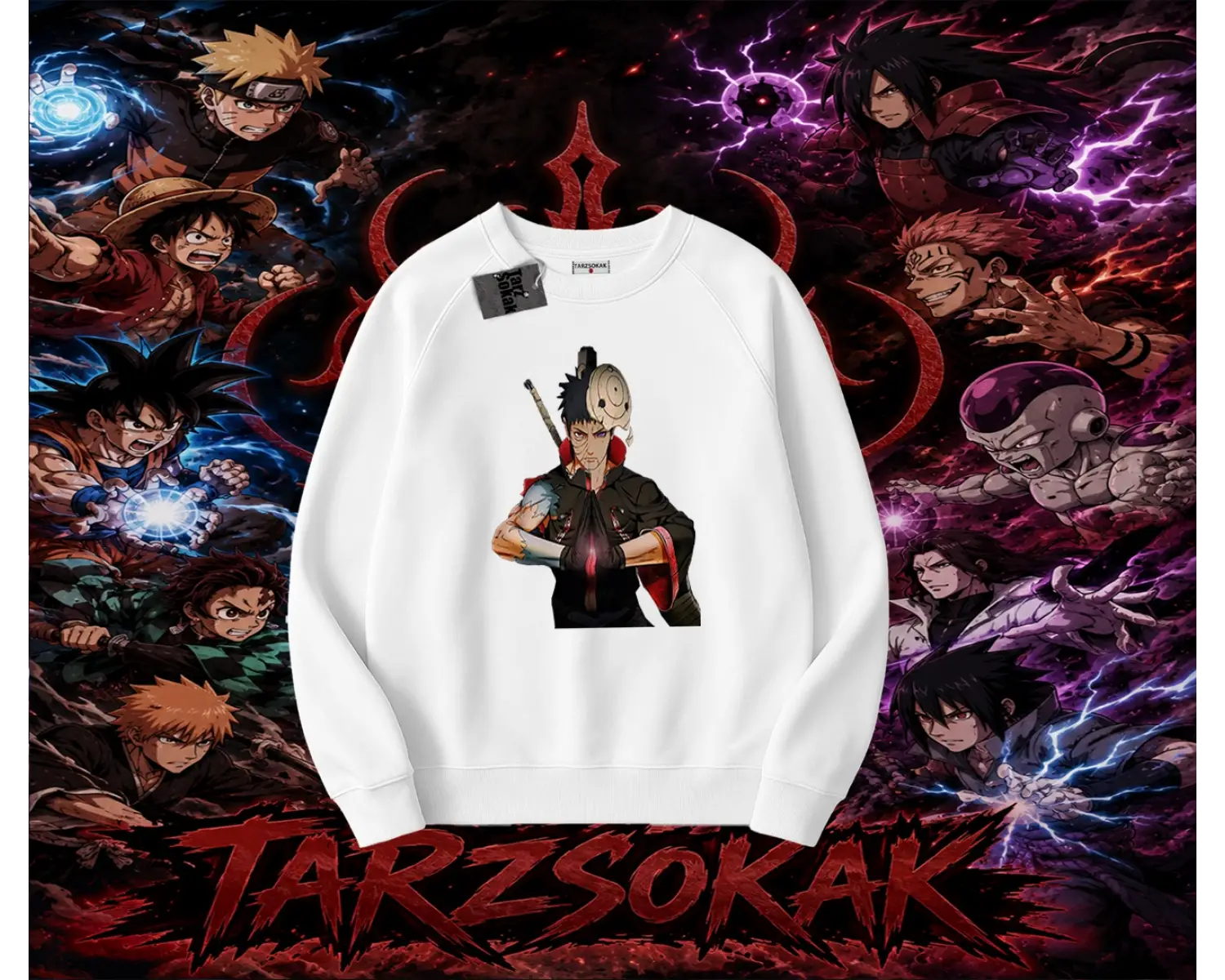 Obito uchiha Naruto Anime Karakteri Oversize Unisex Bisiklet Yaka Sweatshirt Beyaz