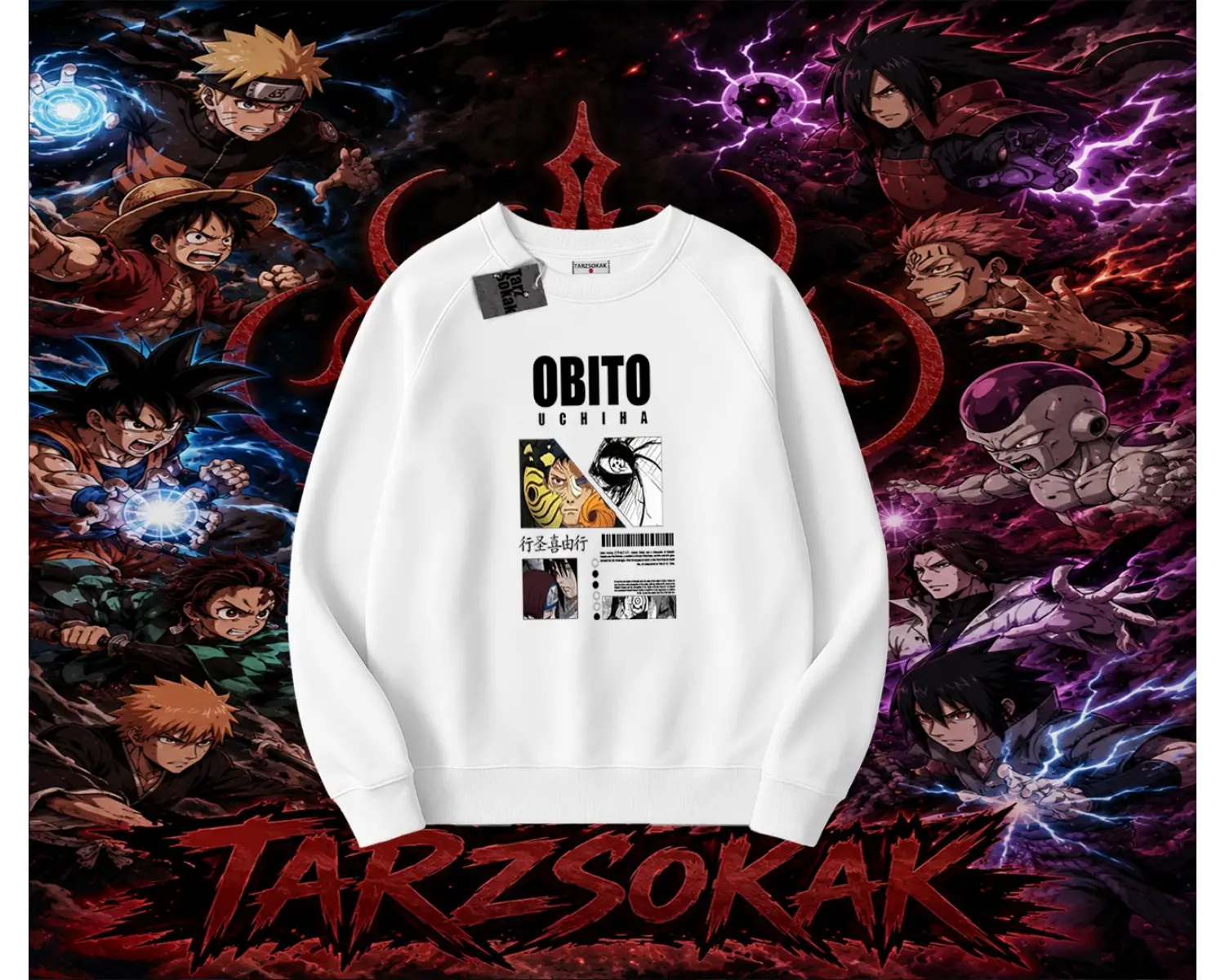 Obito uchiha Naruto Anime Karakteri Oversize Unisex Bisiklet Yaka Sweatshirt Beyaz