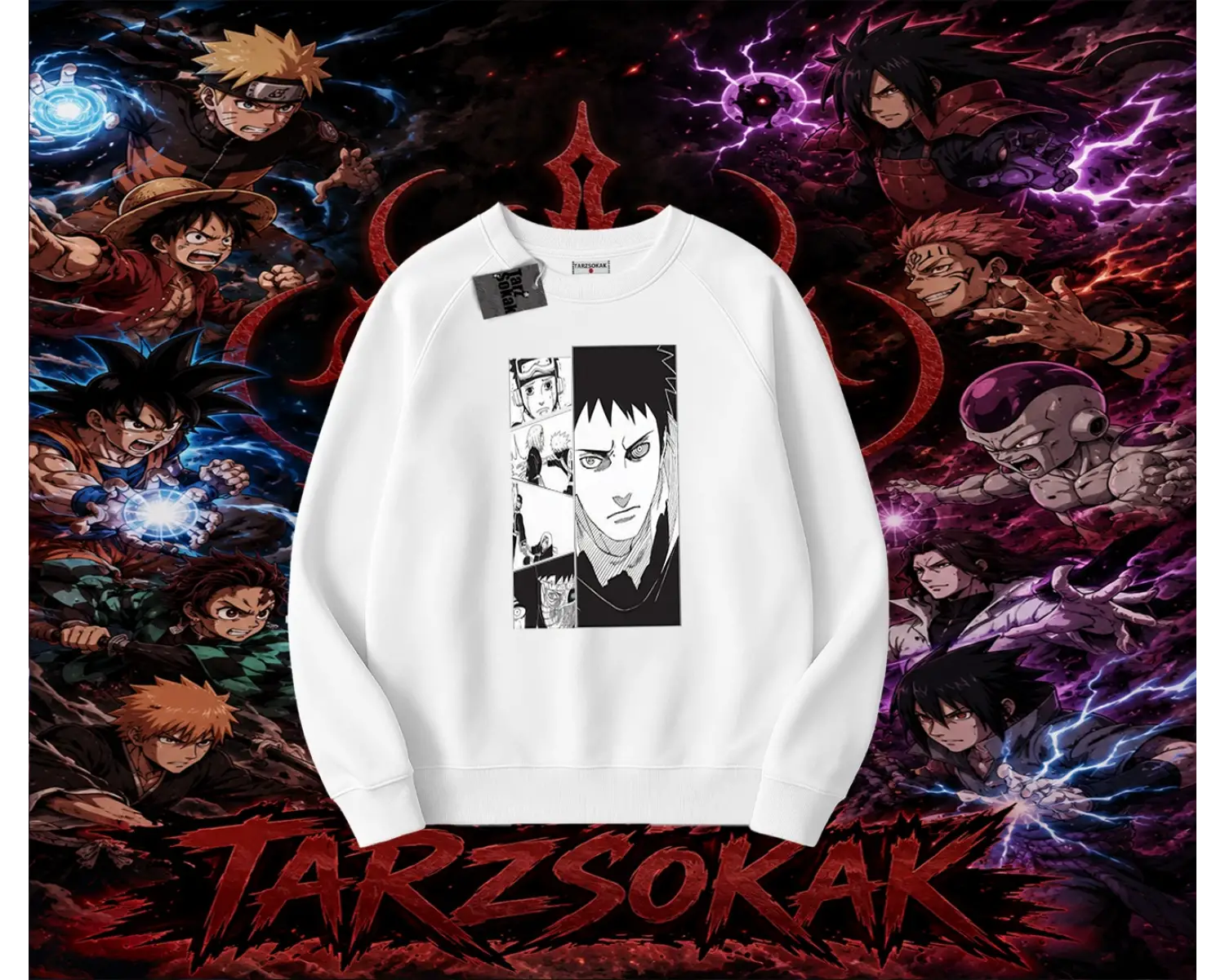 Obito uchiha Naruto Anime Karakteri Oversize Unisex Bisiklet Yaka Sweatshirt Beyaz