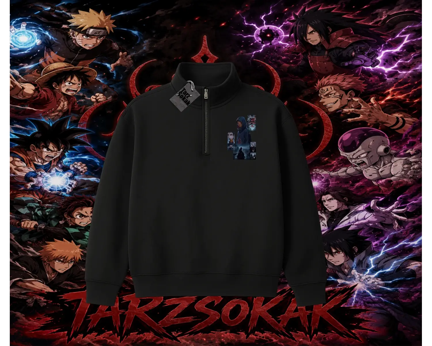 Obito uchiha Naruto Anime Karakteri Unisex Polo Yaka Yarım Fermuarlı Sweatshirt Beyaz