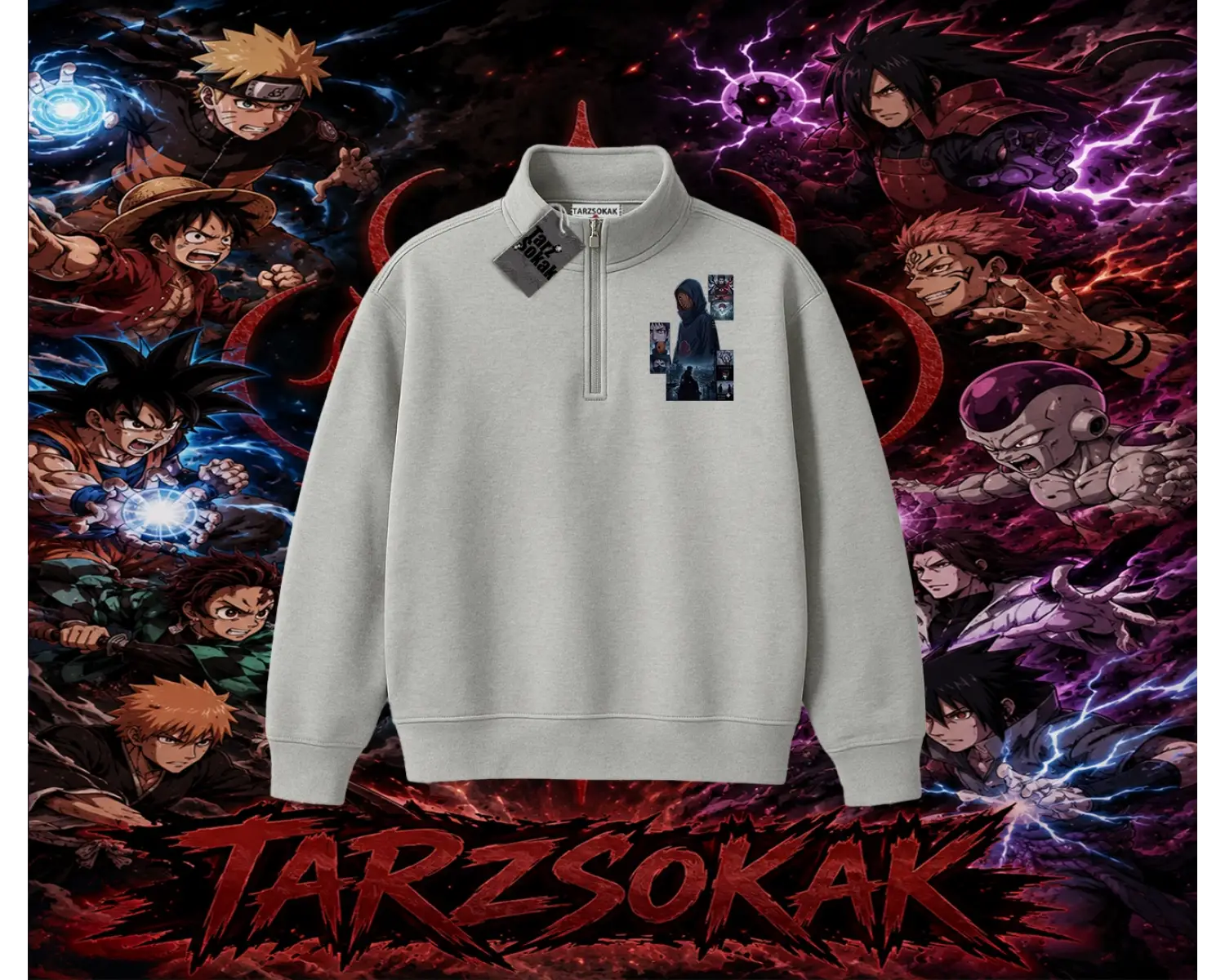 Obito uchiha Naruto Anime Karakteri Unisex Polo Yaka Yarım Fermuarlı Sweatshirt Beyaz