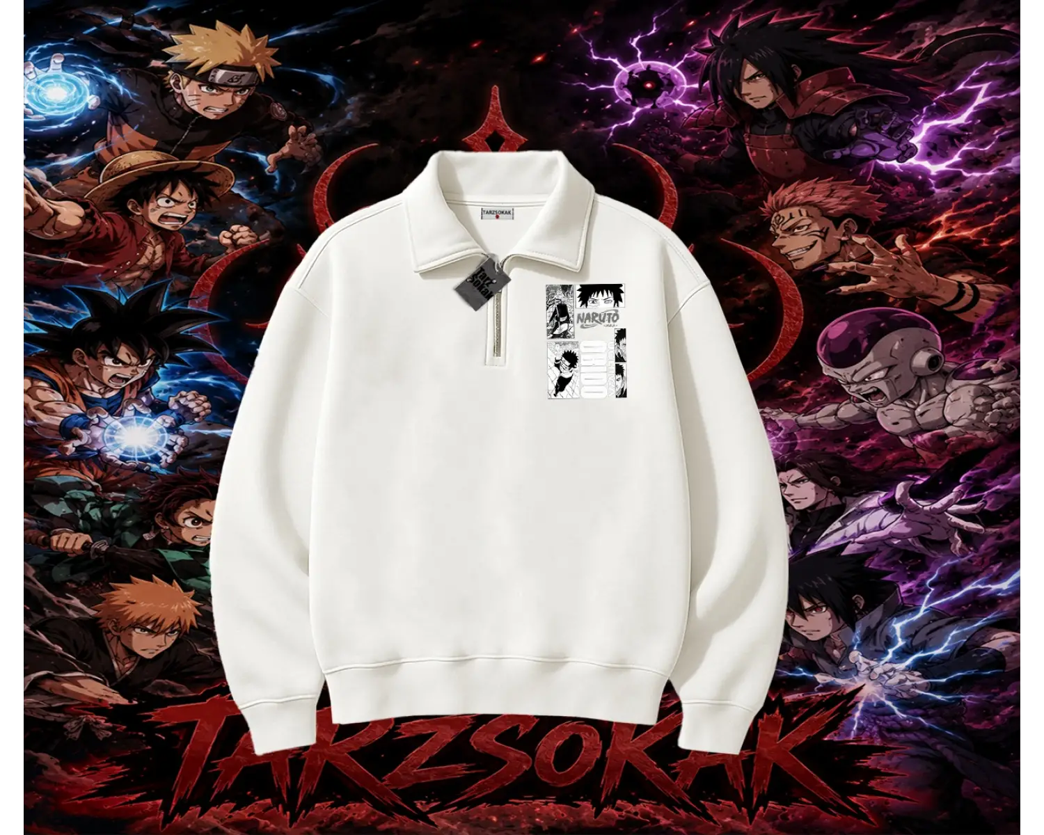 Obito uchiha Naruto Anime Karakteri Unisex Polo Yaka Yarım Fermuarlı Sweatshirt Beyaz