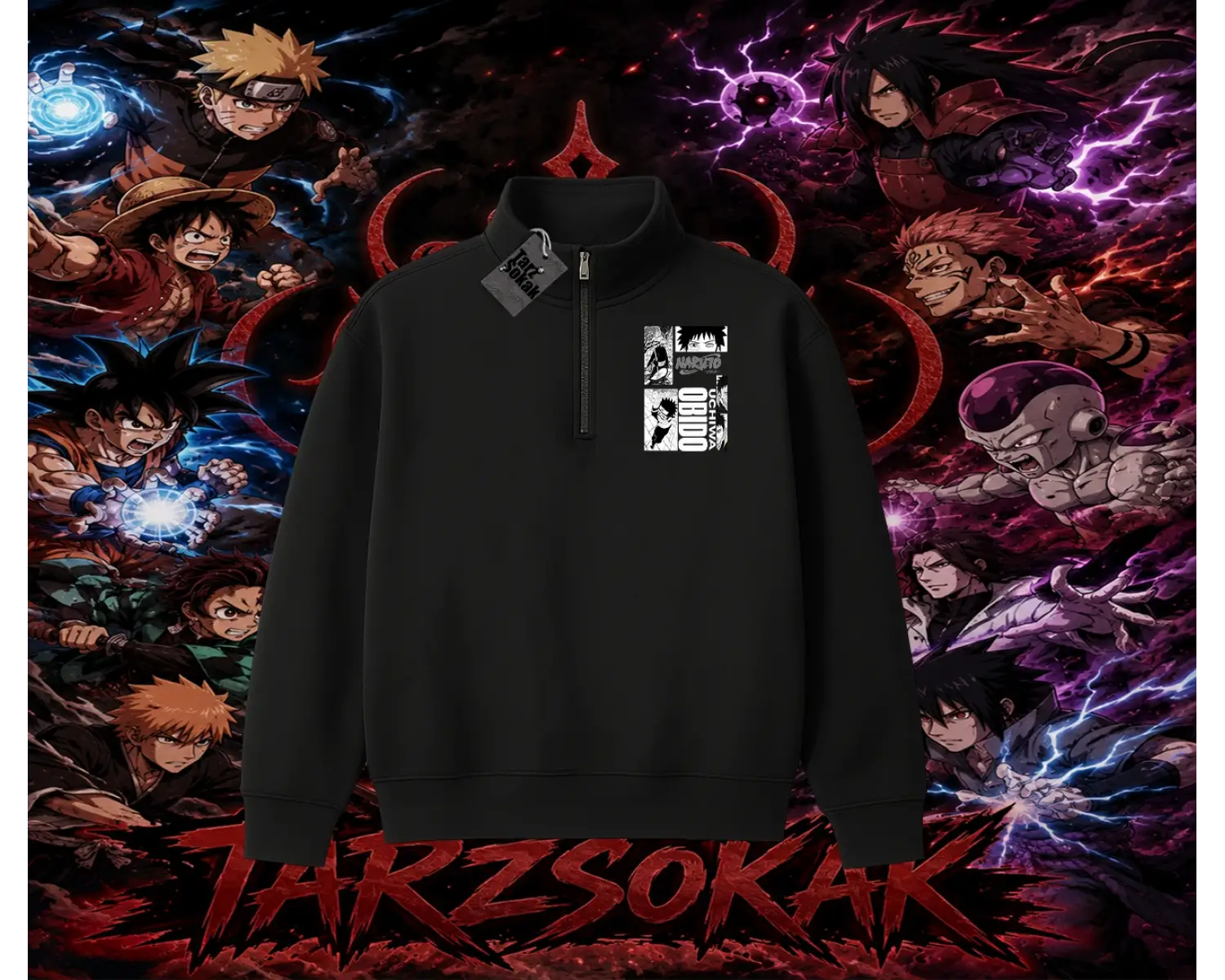 Obito uchiha Naruto Anime Karakteri Unisex Polo Yaka Yarım Fermuarlı Sweatshirt Beyaz