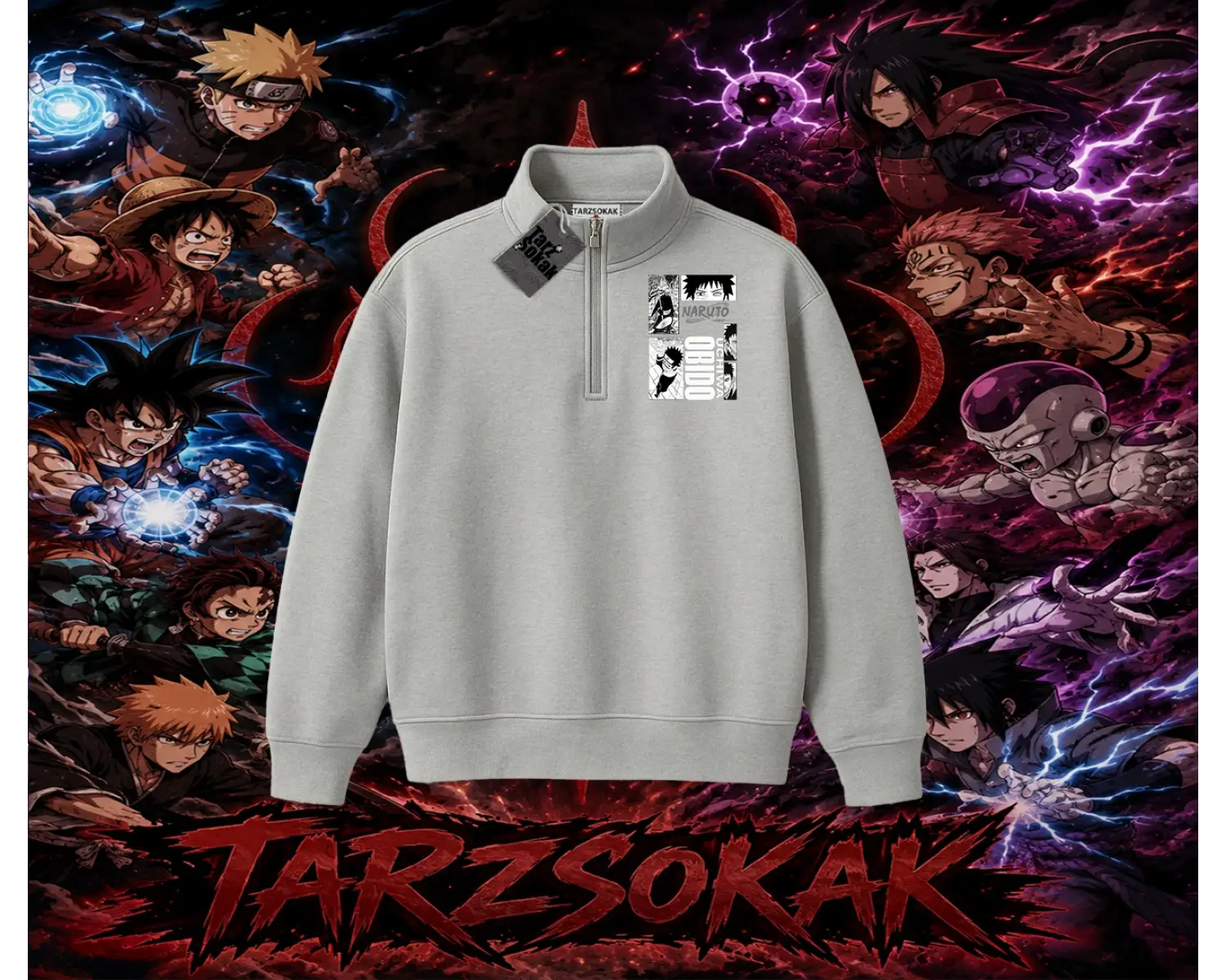 Obito uchiha Naruto Anime Karakteri Unisex Polo Yaka Yarım Fermuarlı Sweatshirt Beyaz