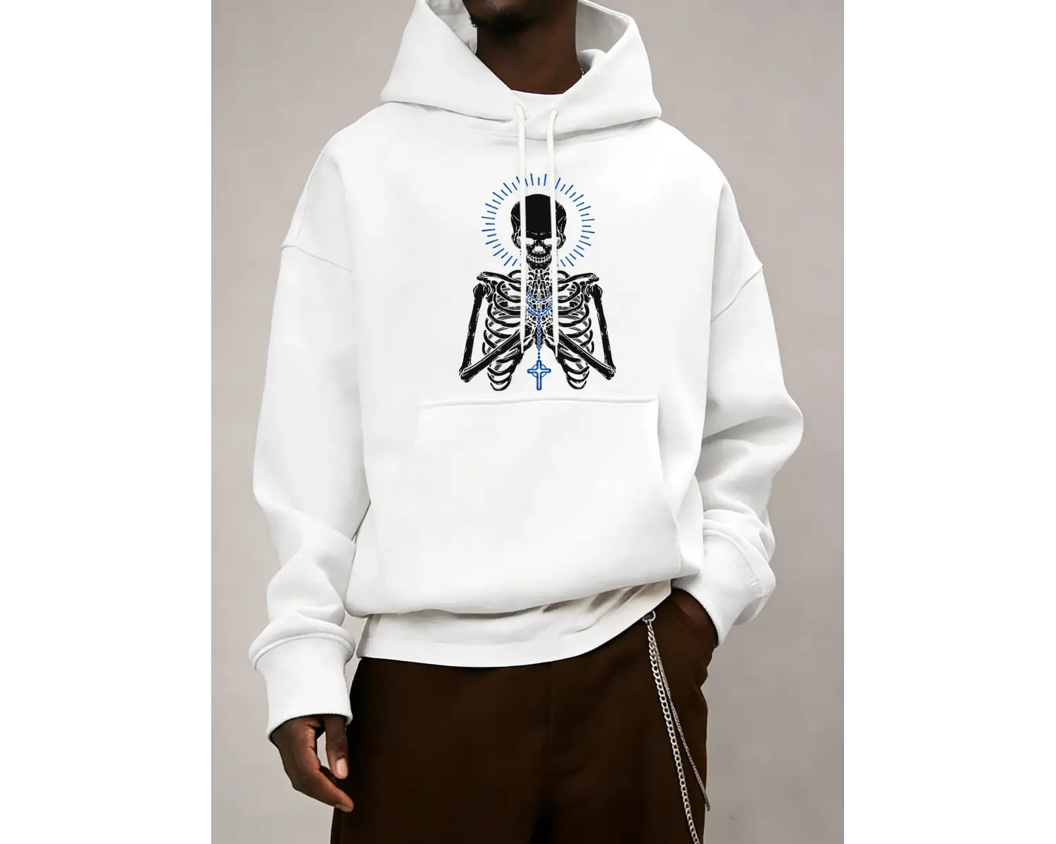 Ölüm İçin Dua Edin İskelet Baskılı Erkek Temel Kapüşonlu Ceket Cepli Moda Sweatshirt Günlük B