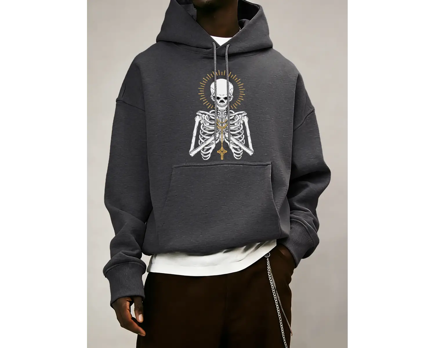 Ölüm İçin Dua Edin İskelet Baskılı Erkek Temel Kapüşonlu Ceket Cepli Moda Sweatshirt Günlük B