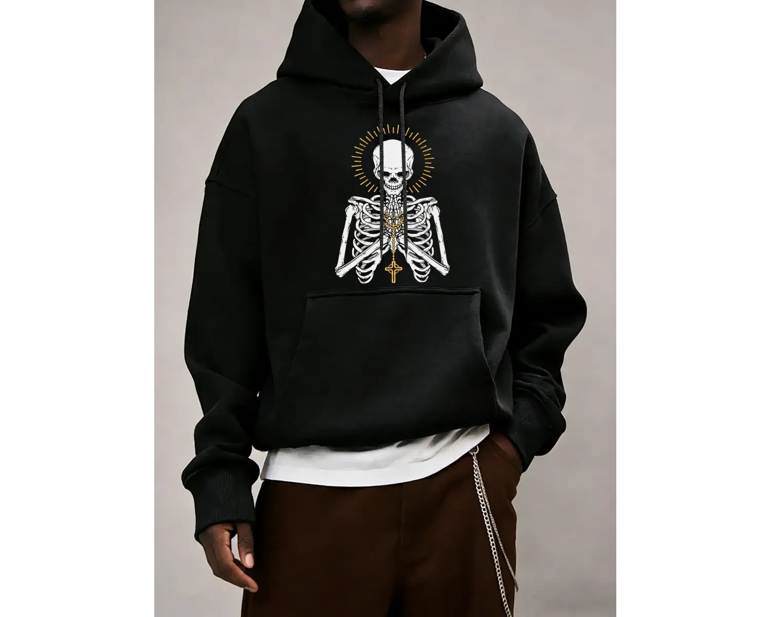 Ölüm İçin Dua Edin İskelet Baskılı Erkek Temel Kapüşonlu Ceket Cepli Moda Sweatshirt Günlük B