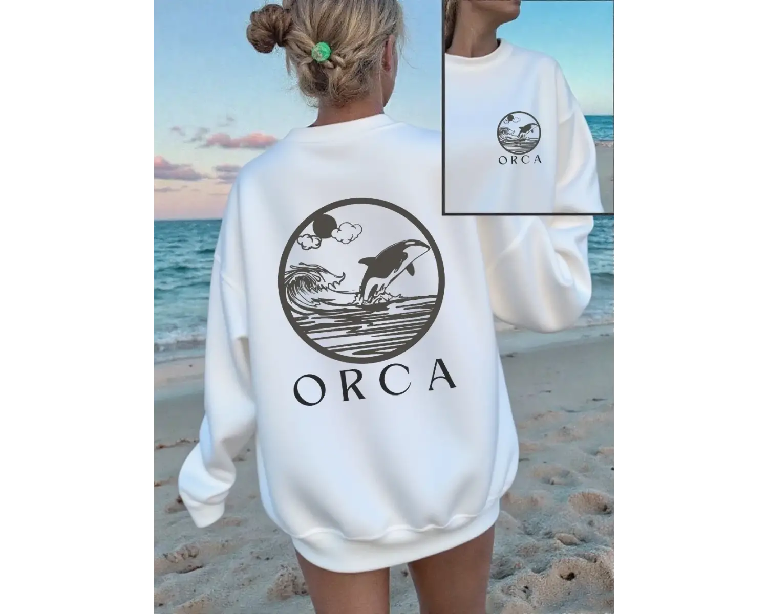 Orca Karikatür Baskı Kazak Kadın Sonbahar Kış Polar Sıcak Hoodie Rahat Temelleri Kazak Gevşek