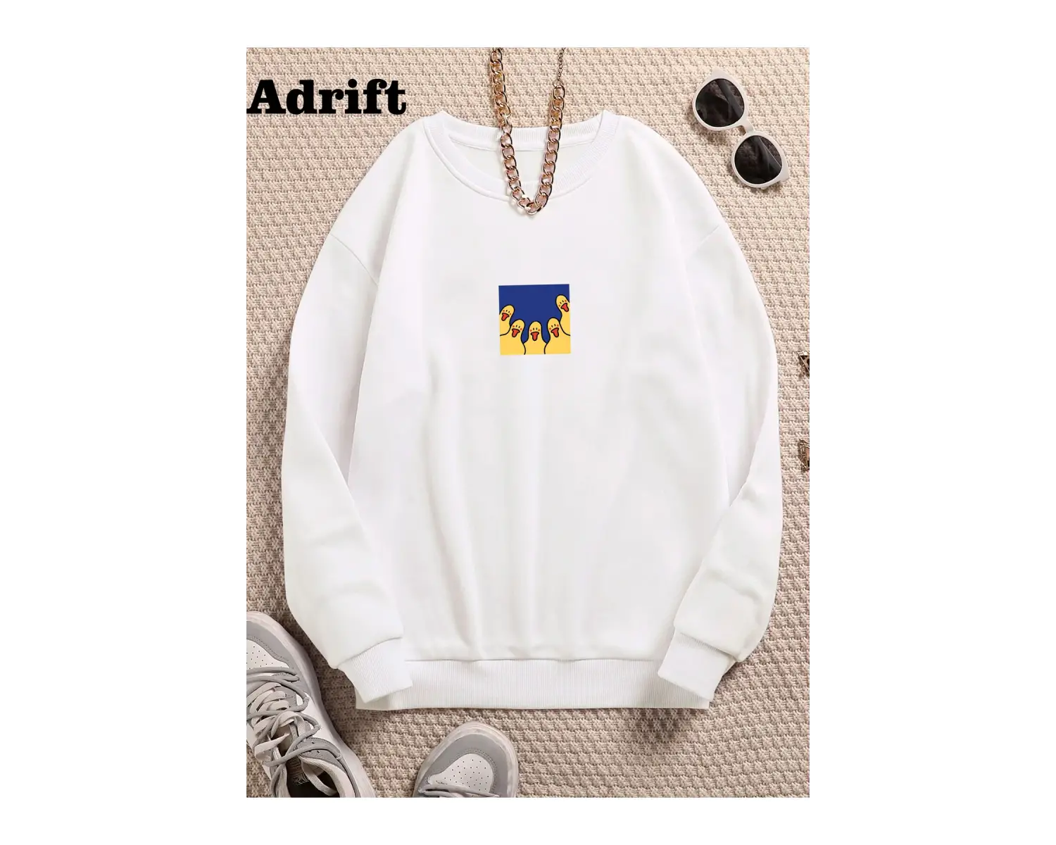 Ördek Renkli Oversize Bisiklet Yaka Pamuklu Sweatshirt Beyaz