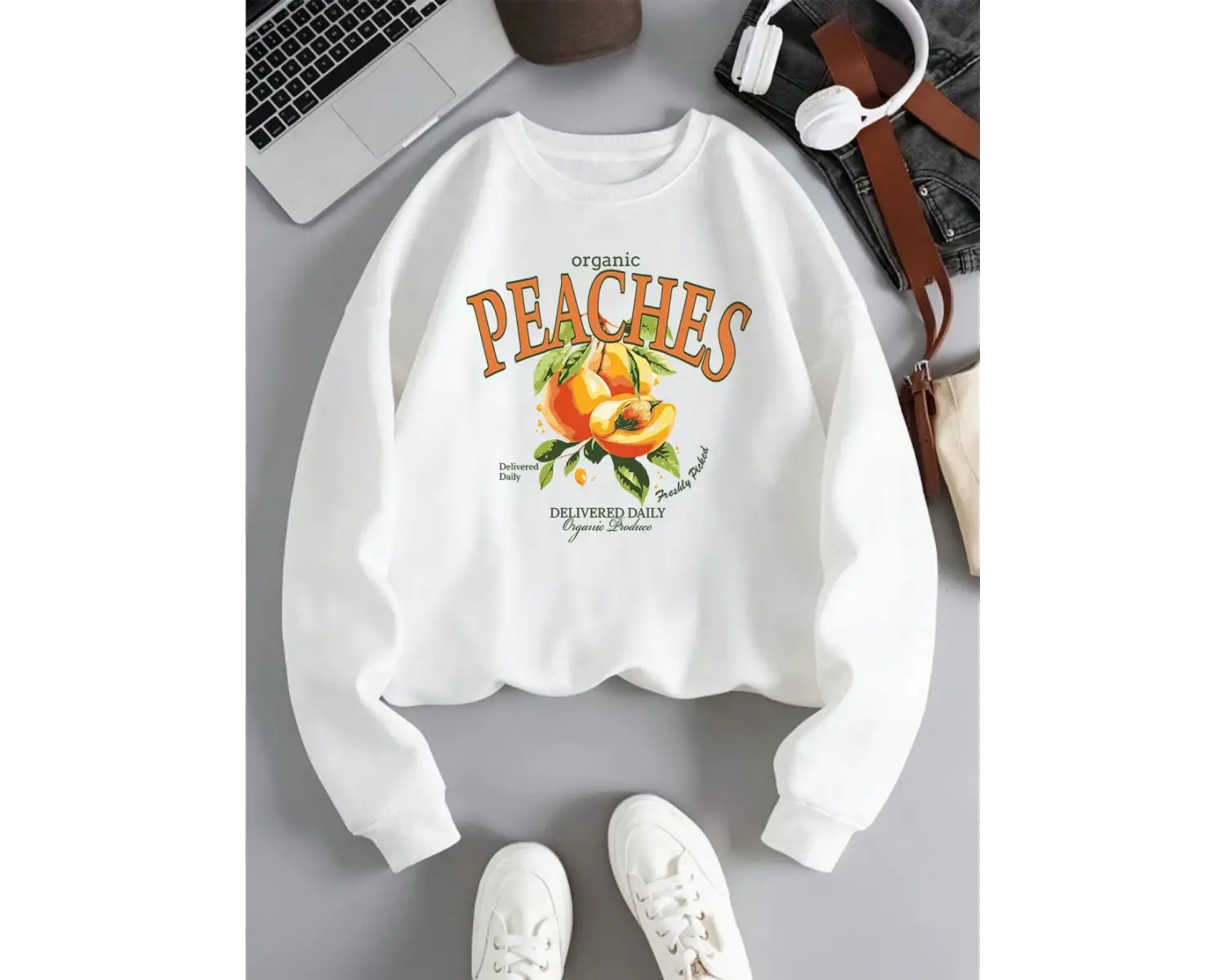 Organik Şeftali Teslim Edilen Günlük Kazak Bayan Meyve Baskı Kapüşonlular Crewneck Gevşek Pol