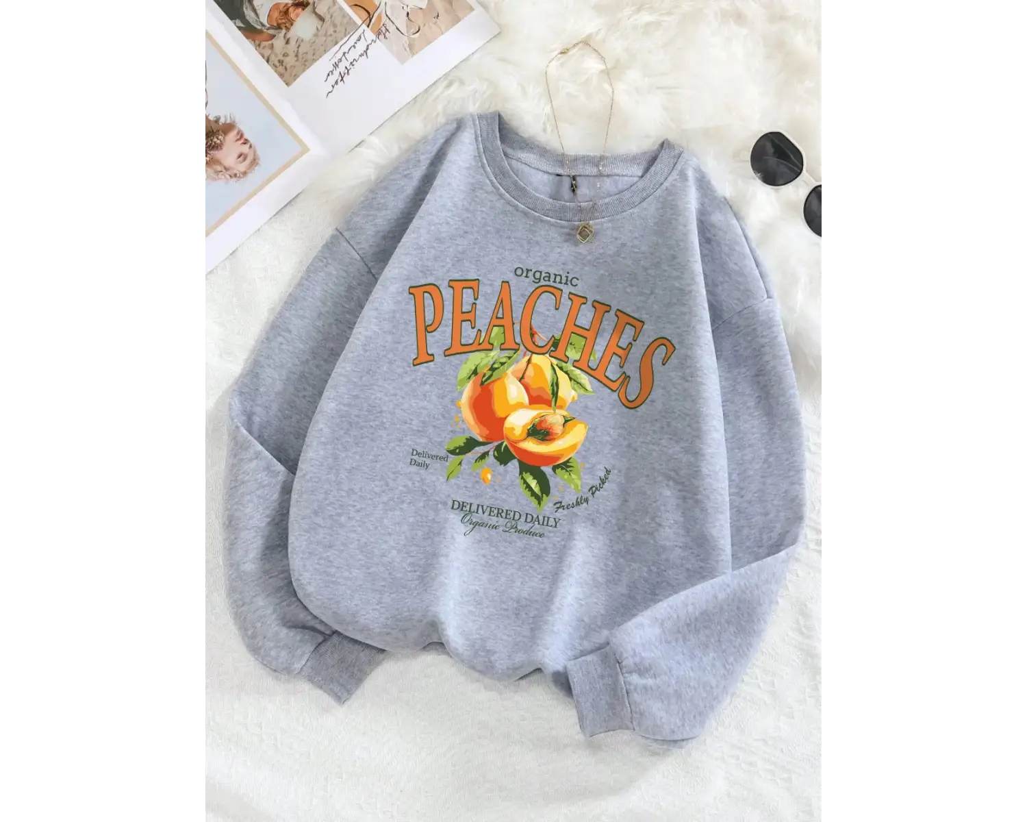 Organik Şeftali Teslim Edilen Günlük Kazak Bayan Meyve Baskı Kapüşonlular Crewneck Gevşek Pol