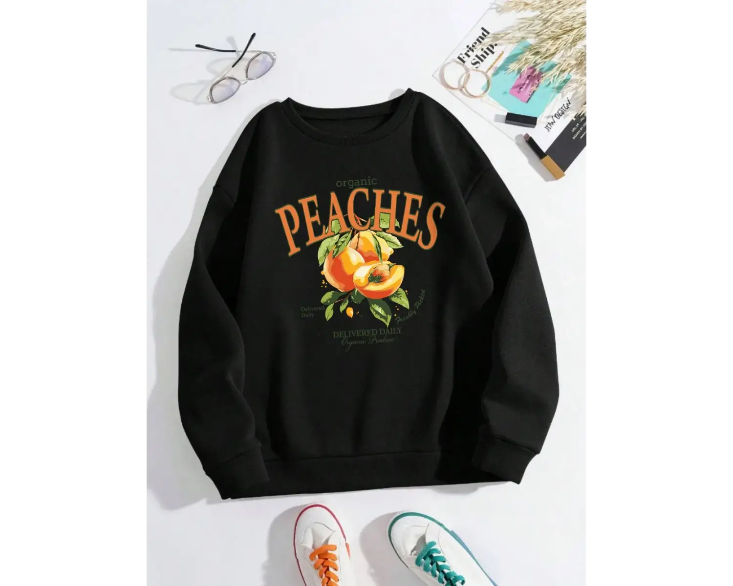 Organik Şeftali Teslim Edilen Günlük Kazak Bayan Meyve Baskı Kapüşonlular Crewneck Gevşek Pol