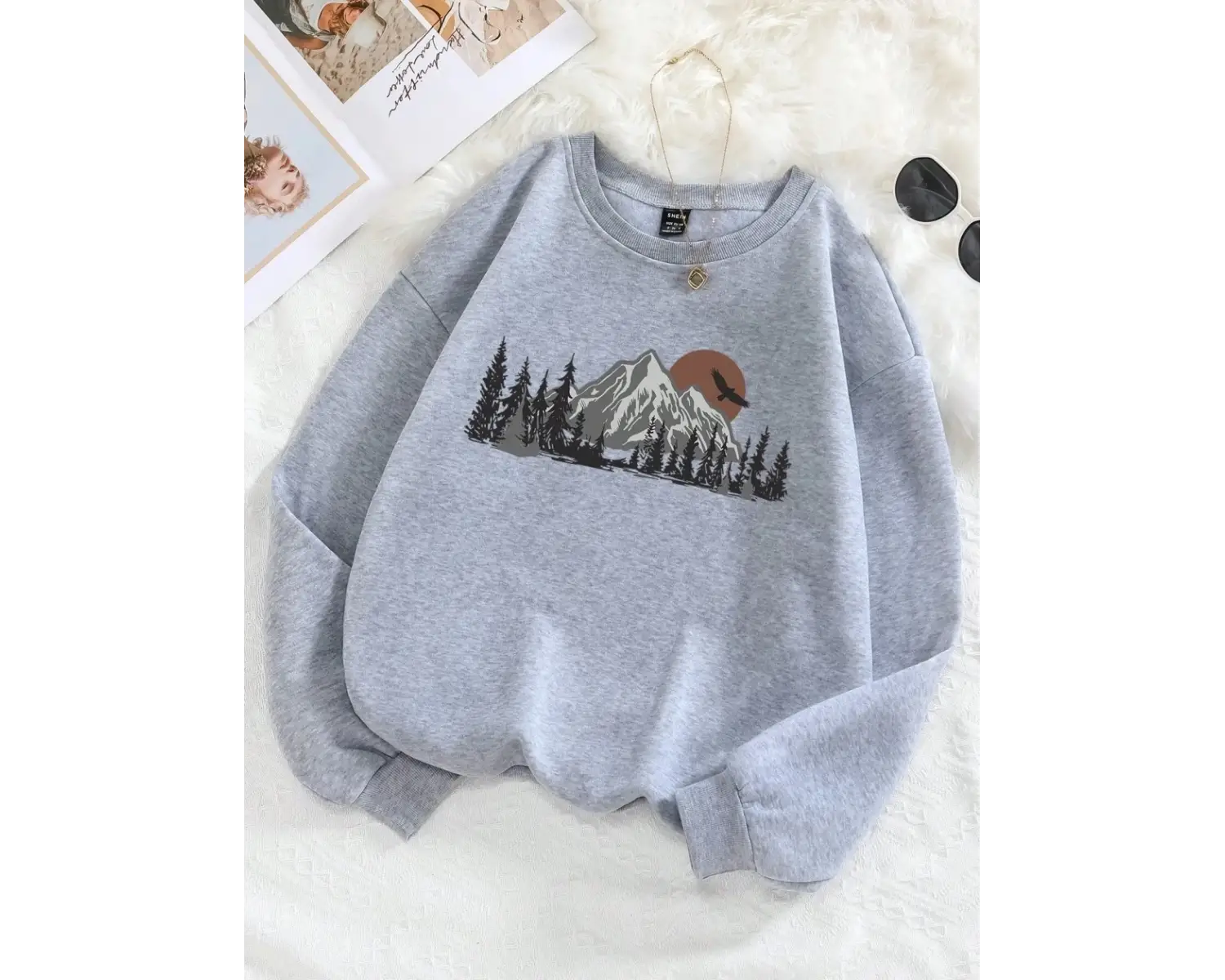 Ormanlar ve dağlar Baskı Tişörtü Kadın Harajuku Yumuşak Kazak Moda Sıcak Giyim Gevşek Crewnec