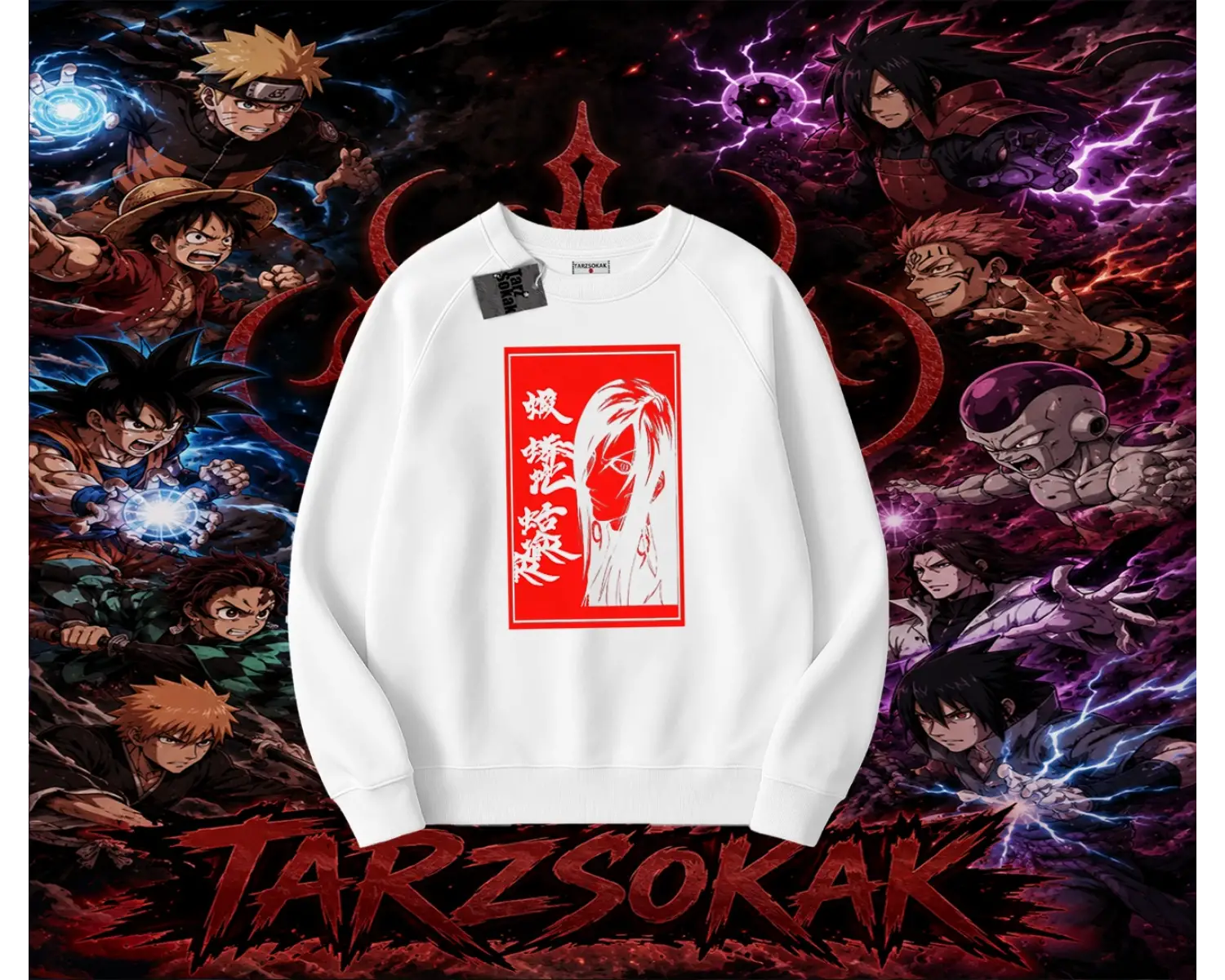 Orochimaru Naruto Anime Karakter Oversize Unisex Bisiklet Yaka Sweatshirt Beyaz