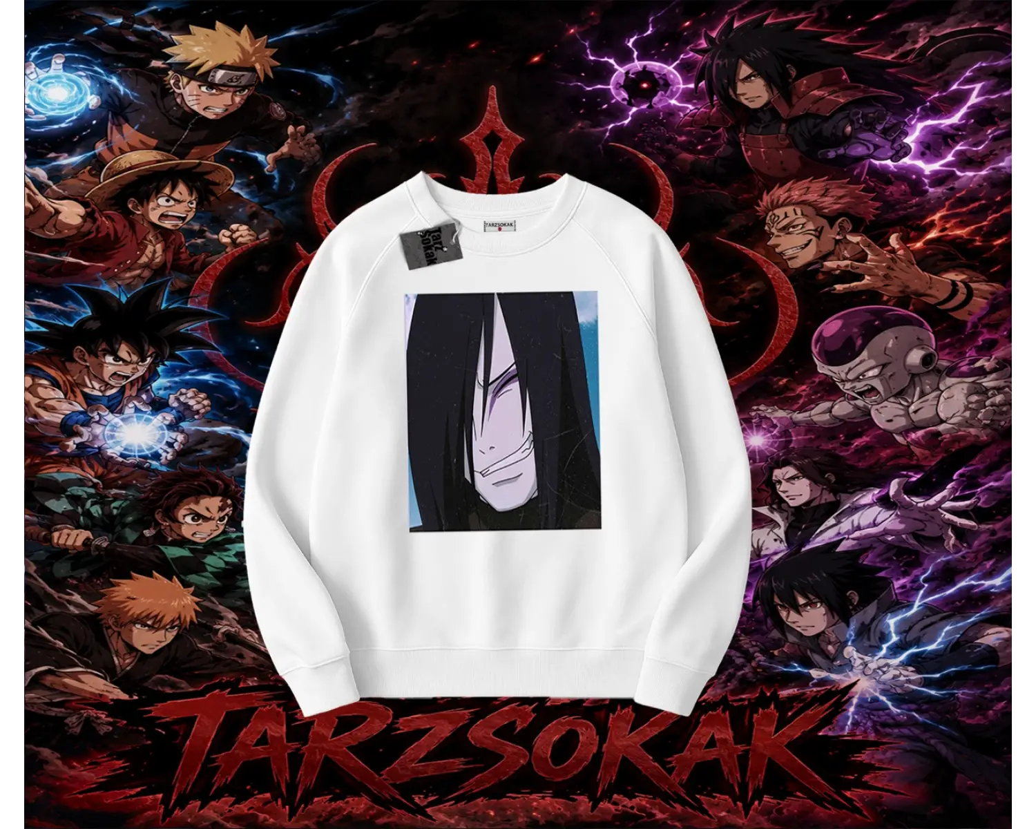 Orochimaru Naruto Anime Karakter Oversize Unisex Bisiklet Yaka Sweatshirt Beyaz