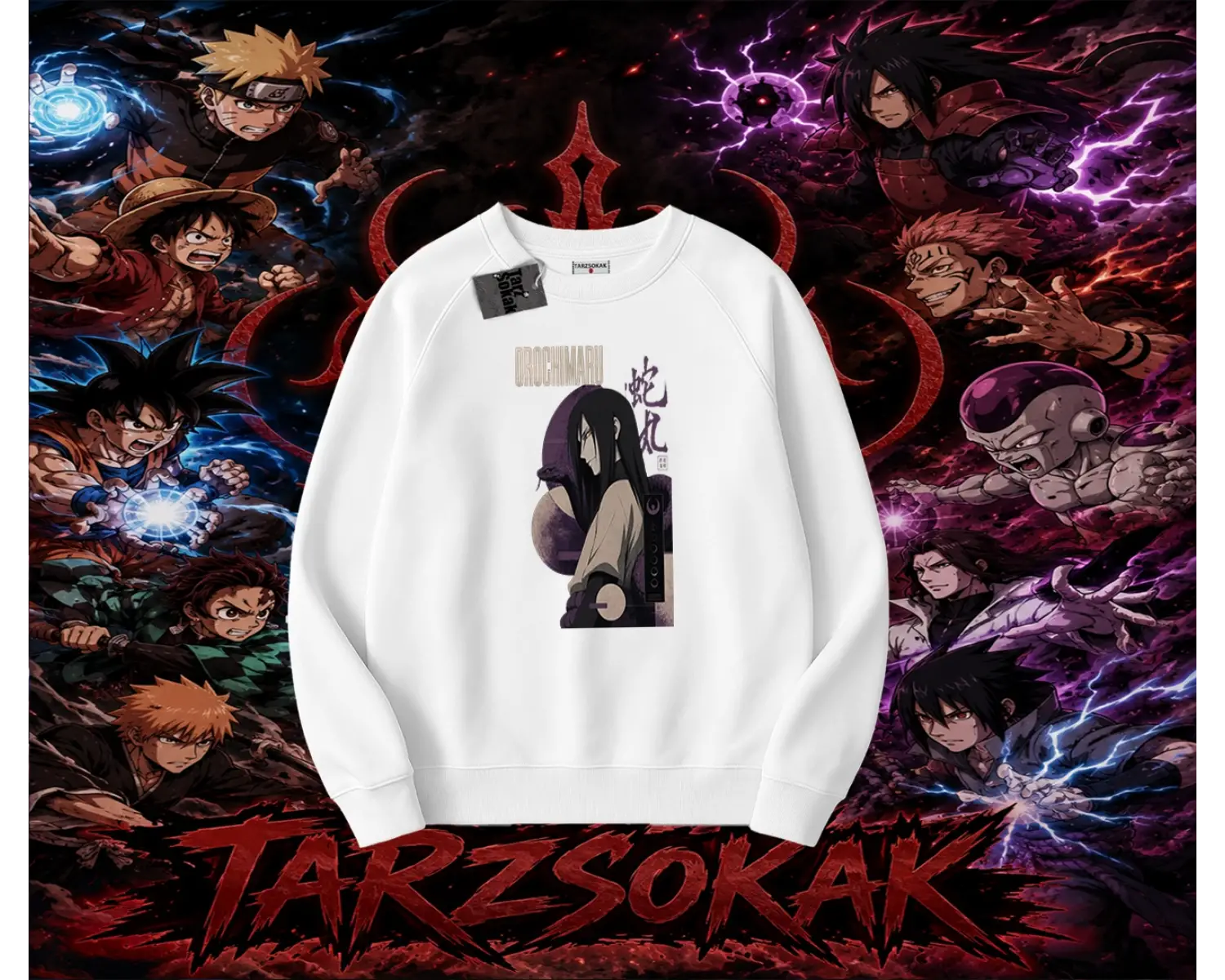 Orochimaru Naruto Anime Karakter Oversize Unisex Bisiklet Yaka Sweatshirt Beyaz